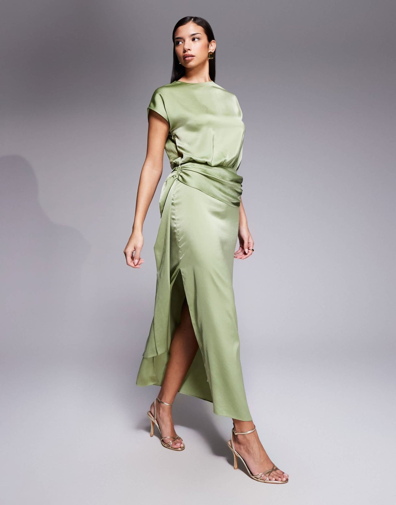 ASOS DESIGN satin flutter sleeve draped waist maxi dress in sage green - ASOS Sample Sale