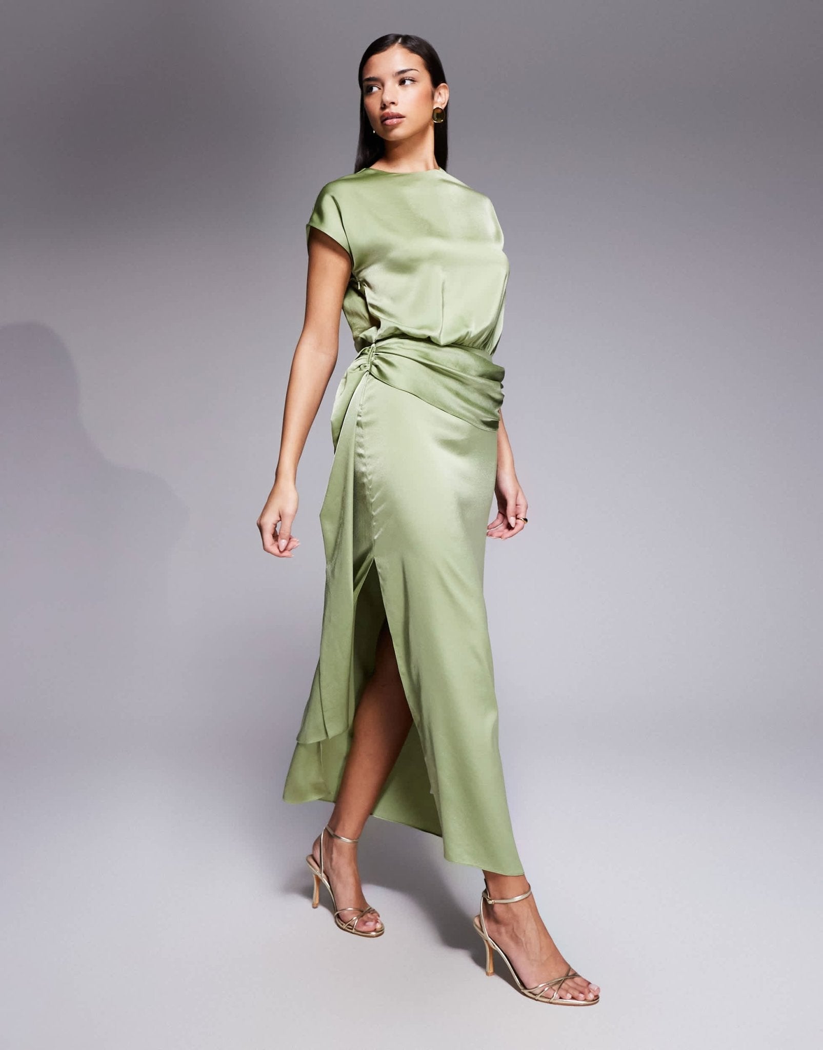 ASOS DESIGN satin flutter sleeve draped waist maxi dress in sage green - ASOS Sample Sale