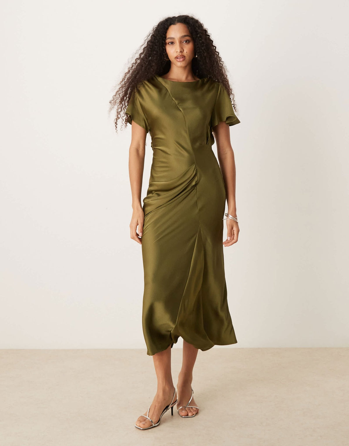 ASOS DESIGN satin flutter sleeve maxi dress in olive - ASOS Sample Sale