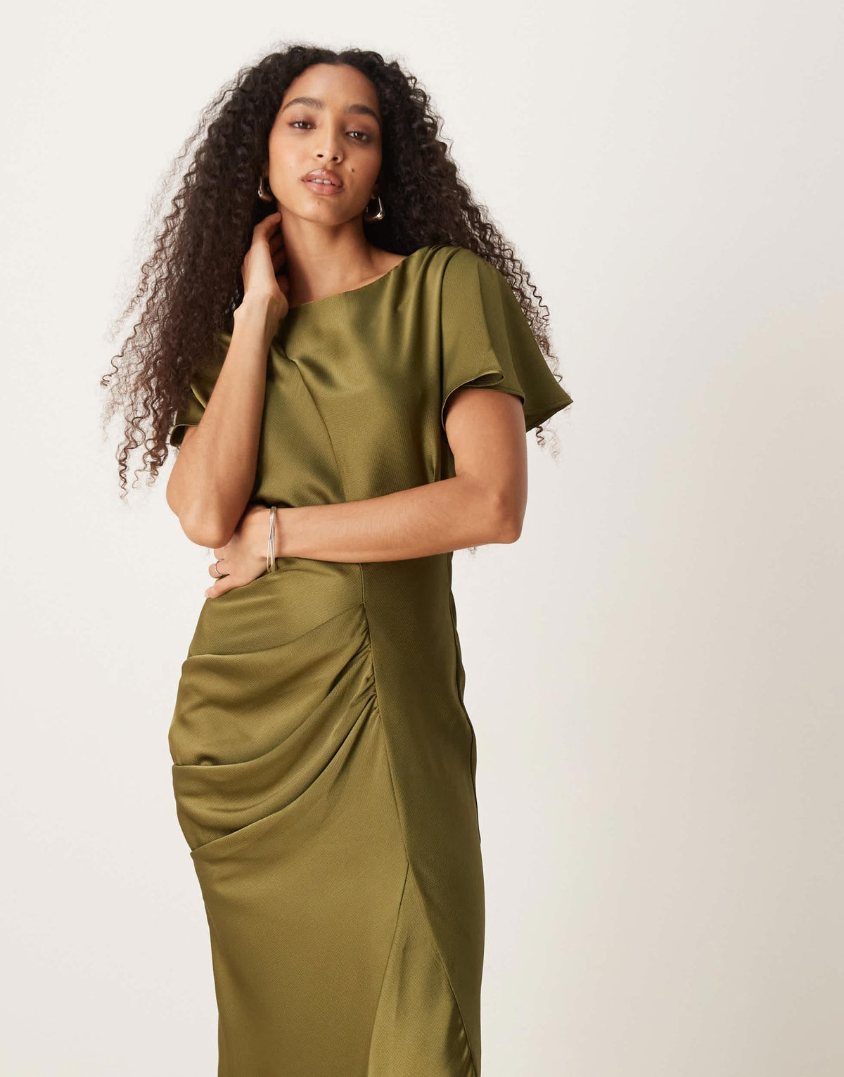ASOS DESIGN satin flutter sleeve maxi dress in olive - ASOS Sample Sale