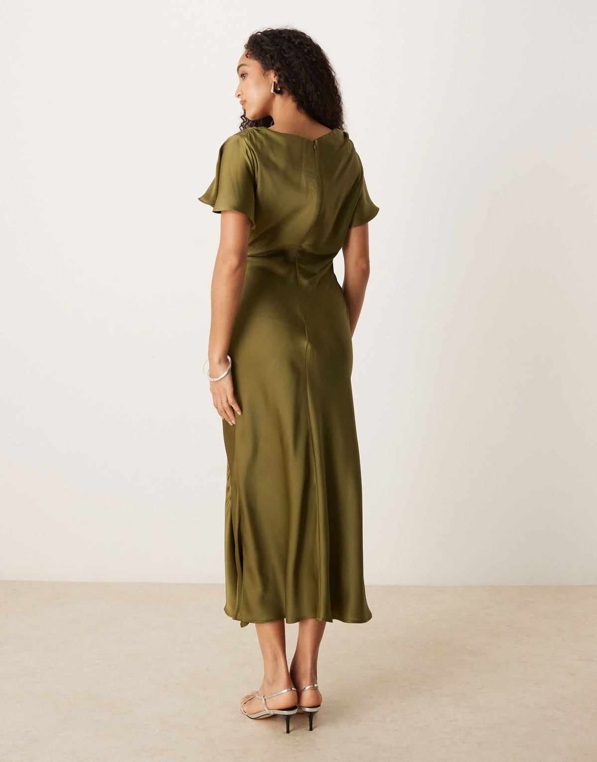 ASOS DESIGN satin flutter sleeve maxi dress in olive - ASOS Sample Sale
