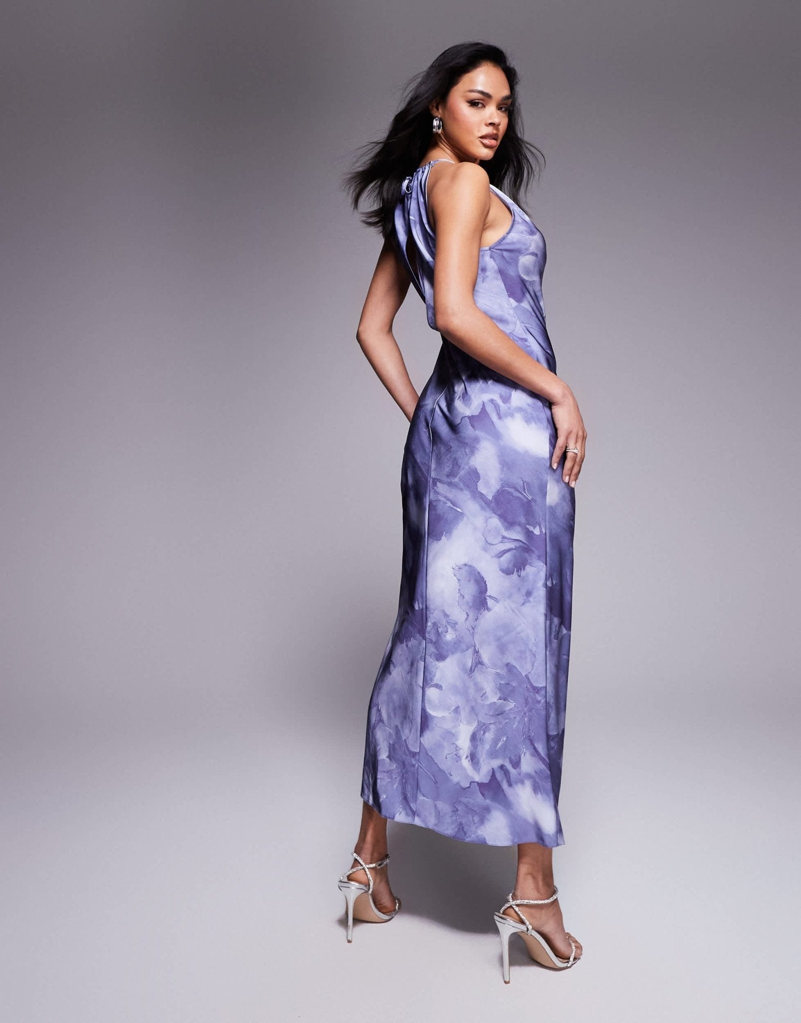 ASOS DESIGN satin halter neck split maxi dress in lilac abstract print - ASOS Sample Sale