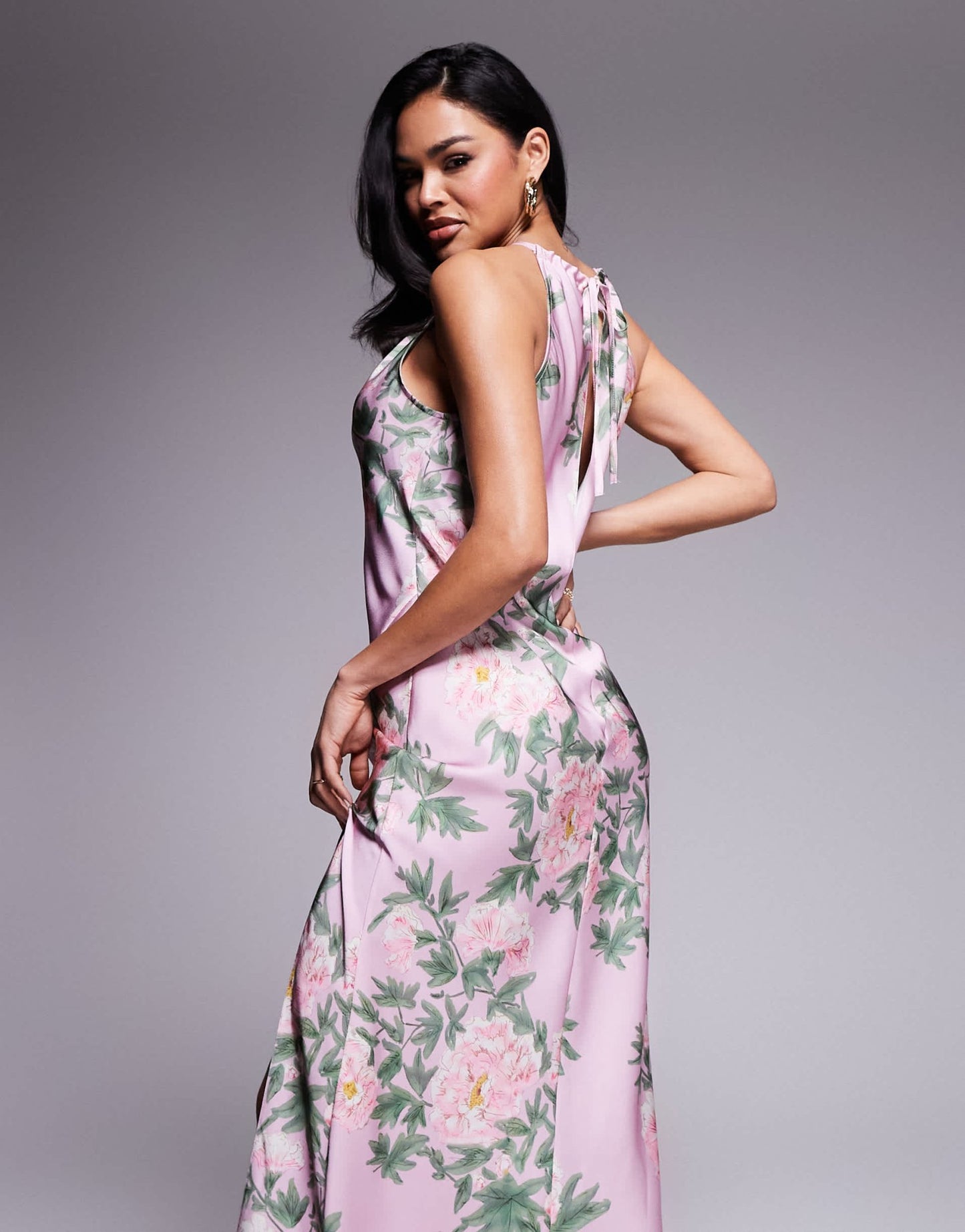 ASOS DESIGN satin halter neck split maxi dress in pink floral print - ASOS Sample Sale
