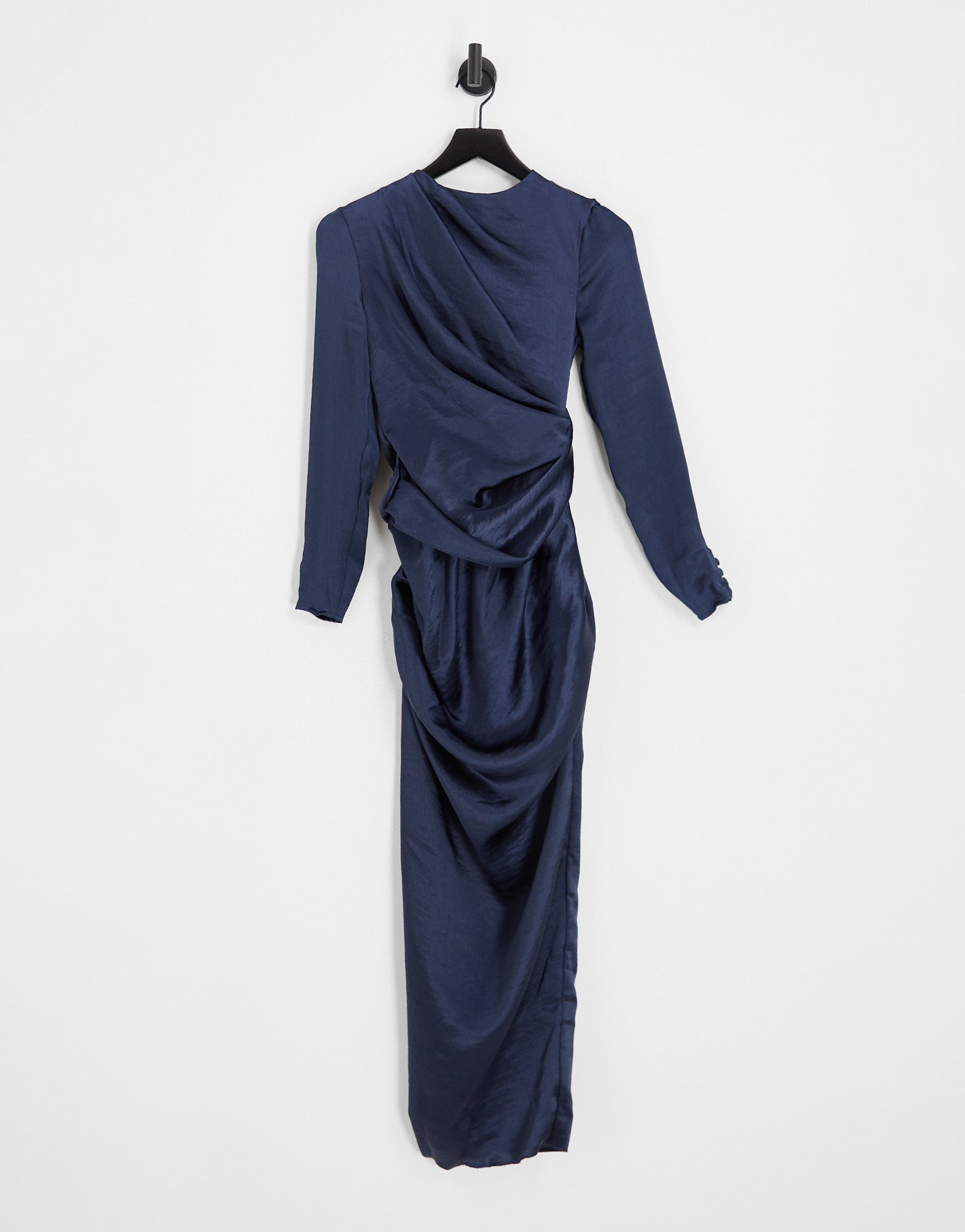 ASOS DESIGN satin high drape neck maxi with long sleeves in navy - ASOS Sample Sale
