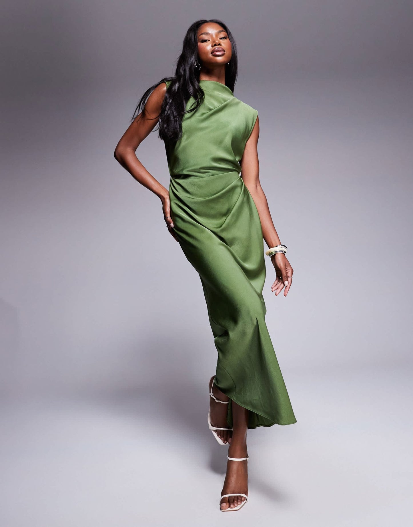 ASOS DESIGN satin high neck pleated bodice midi dress in olive green – ASOS Sample Sale