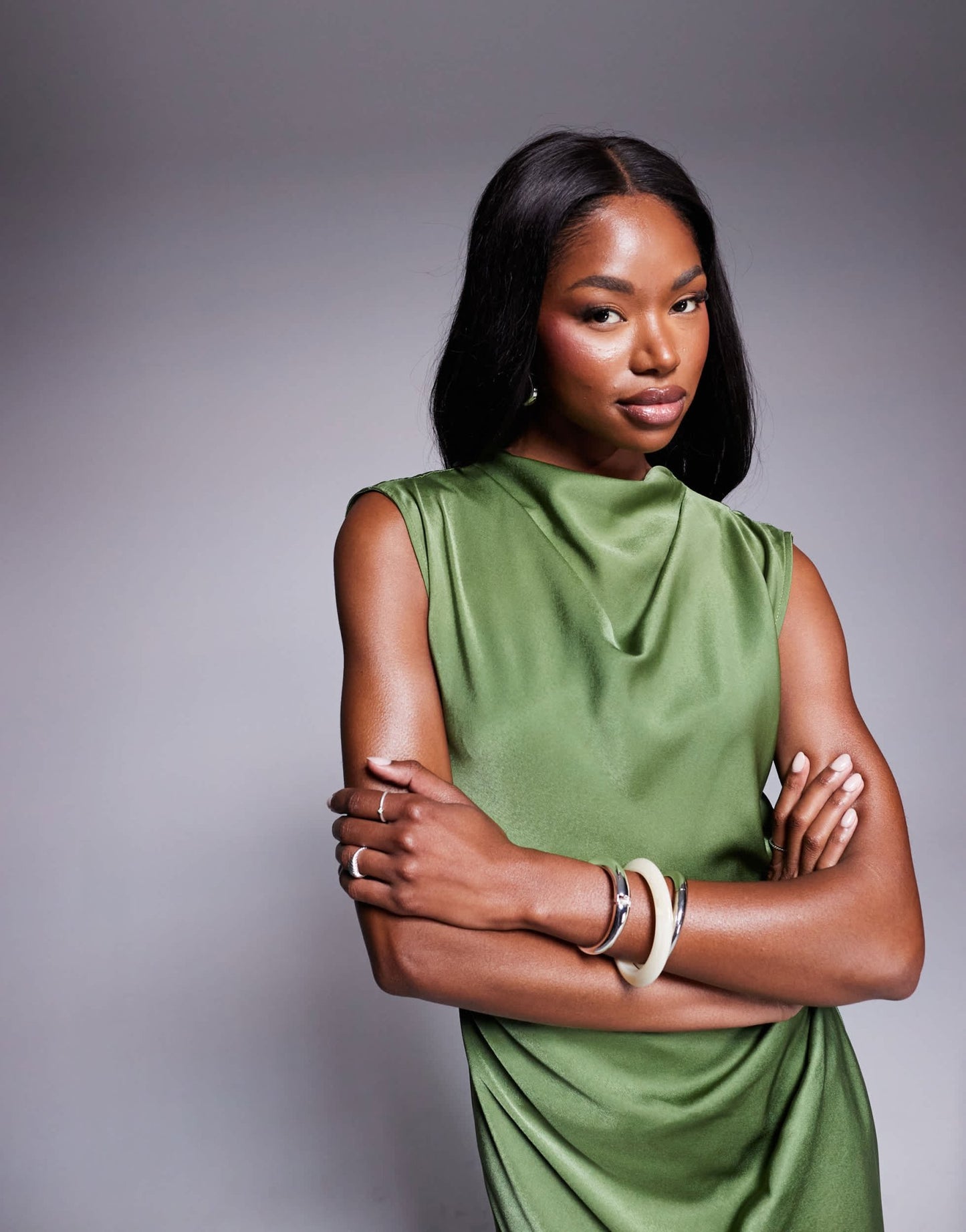 ASOS DESIGN satin high neck pleated bodice midi dress in olive green - ASOS Sample Sale
