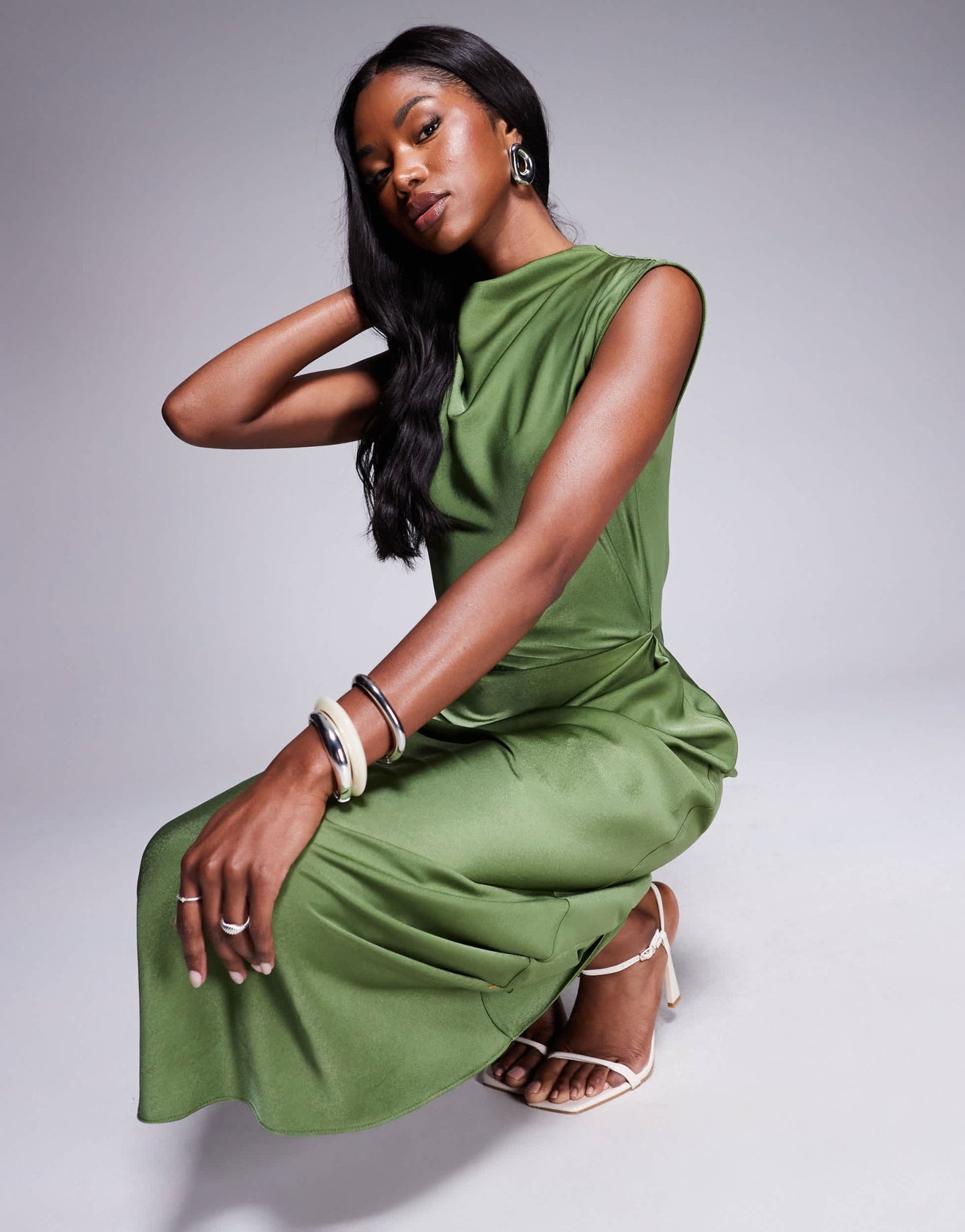 ASOS DESIGN satin high neck pleated bodice midi dress in olive green - ASOS Sample Sale