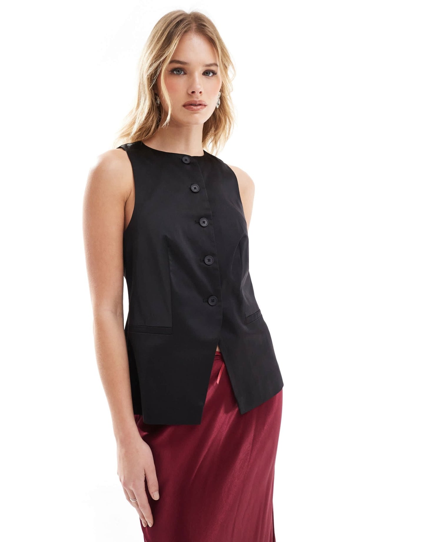 ASOS DESIGN satin high neck waistcoat in black - ASOS Sample Sale