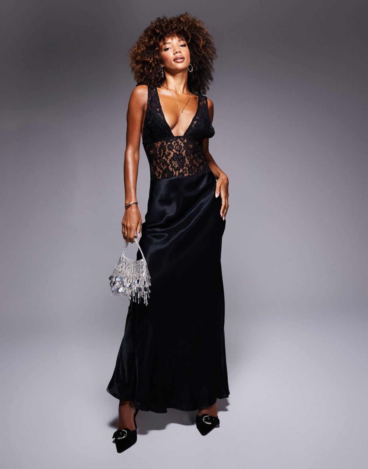 ASOS DESIGN satin lace mix contrast maxi dress in black - ASOS Sample Sale