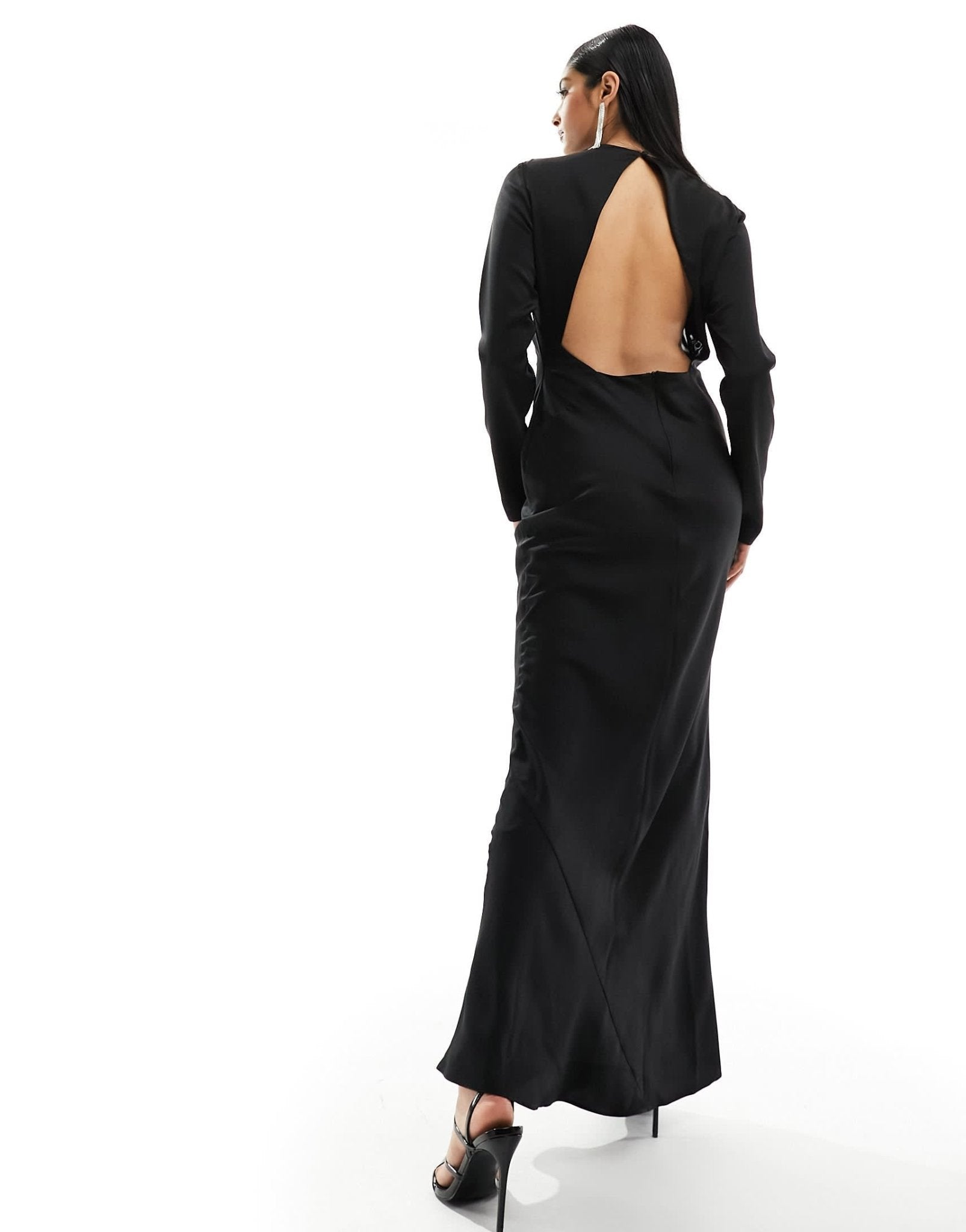 ASOS DESIGN satin long sleeve maxi dress with sheer panel detail in black - ASOS Sample Sale