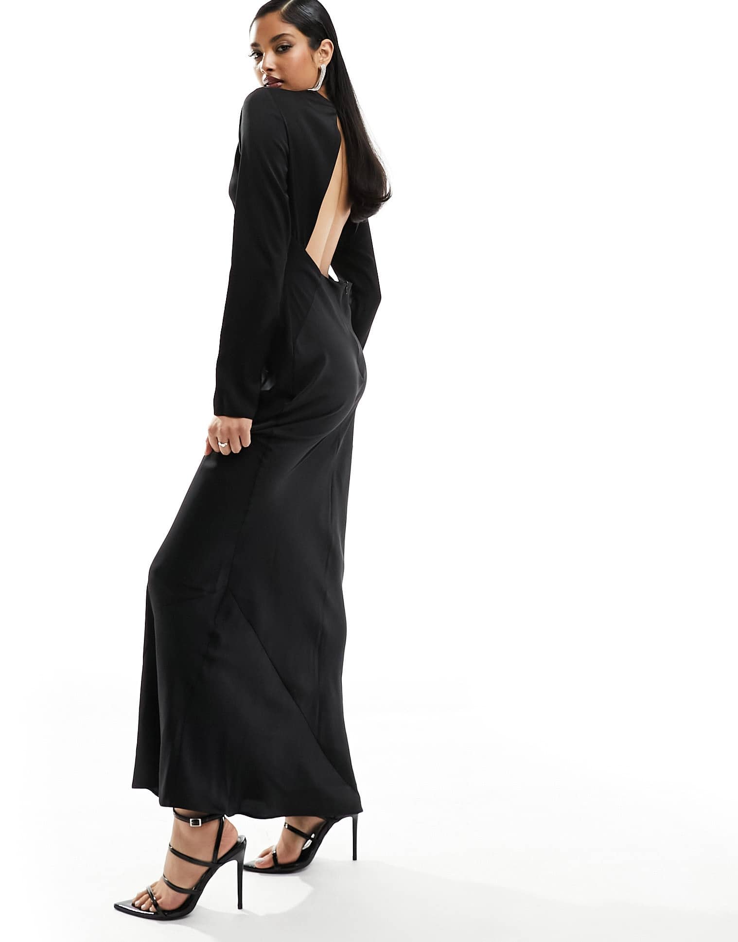 ASOS DESIGN satin long sleeve maxi dress with sheer panel detail in black - ASOS Sample Sale