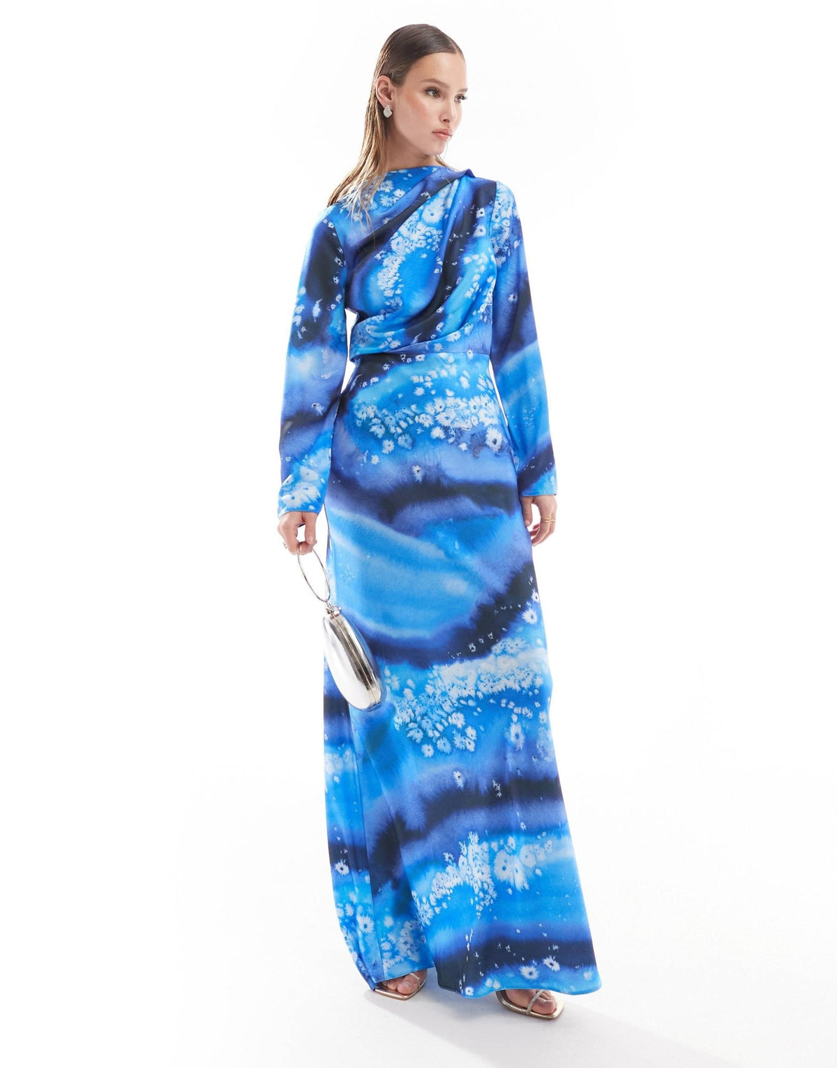 ASOS DESIGN satin maxi dress with drape bodice detail in blue abstract print - ASOS Sample Sale