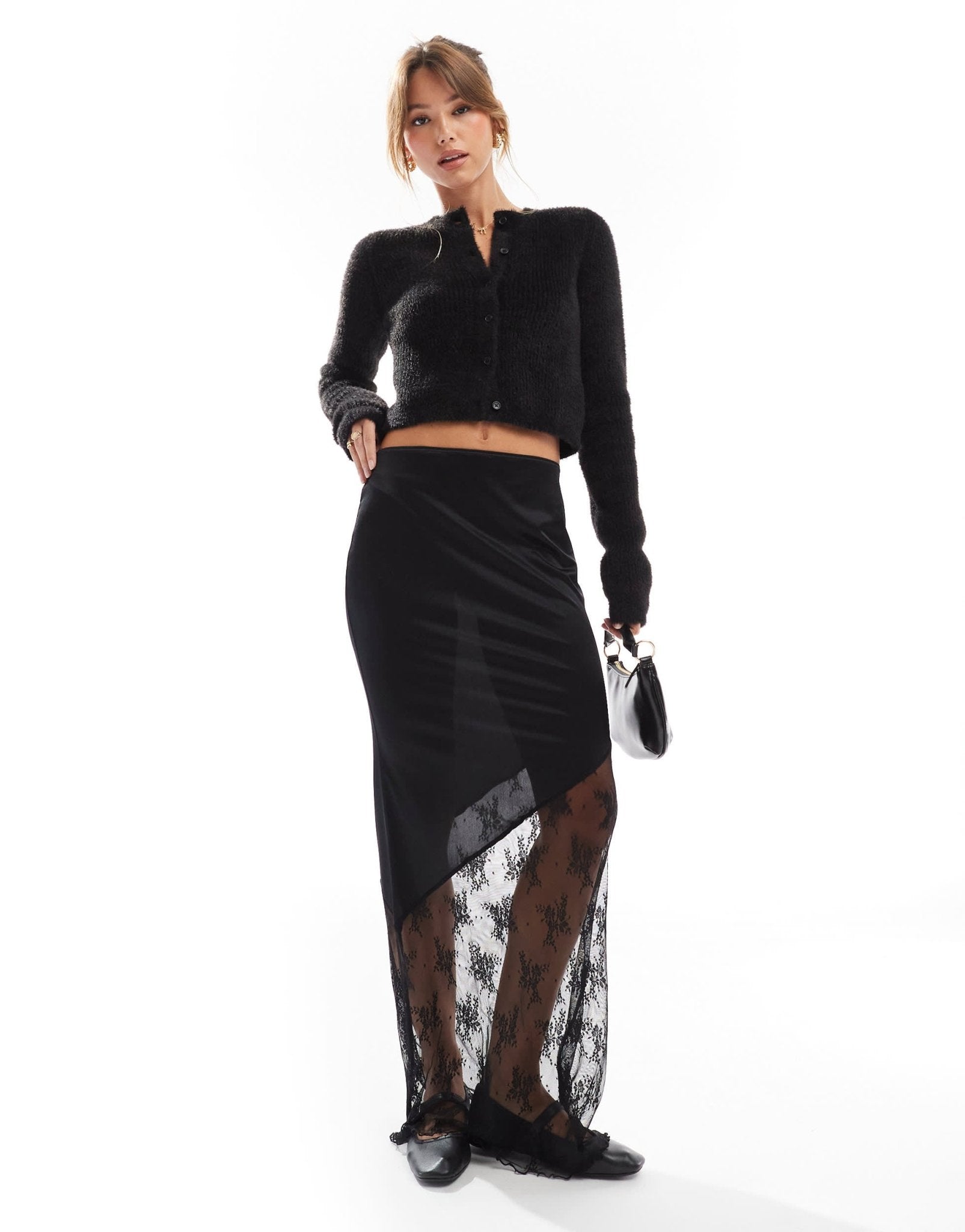 ASOS DESIGN satin maxi skirt with lace insert in black - ASOS Sample Sale