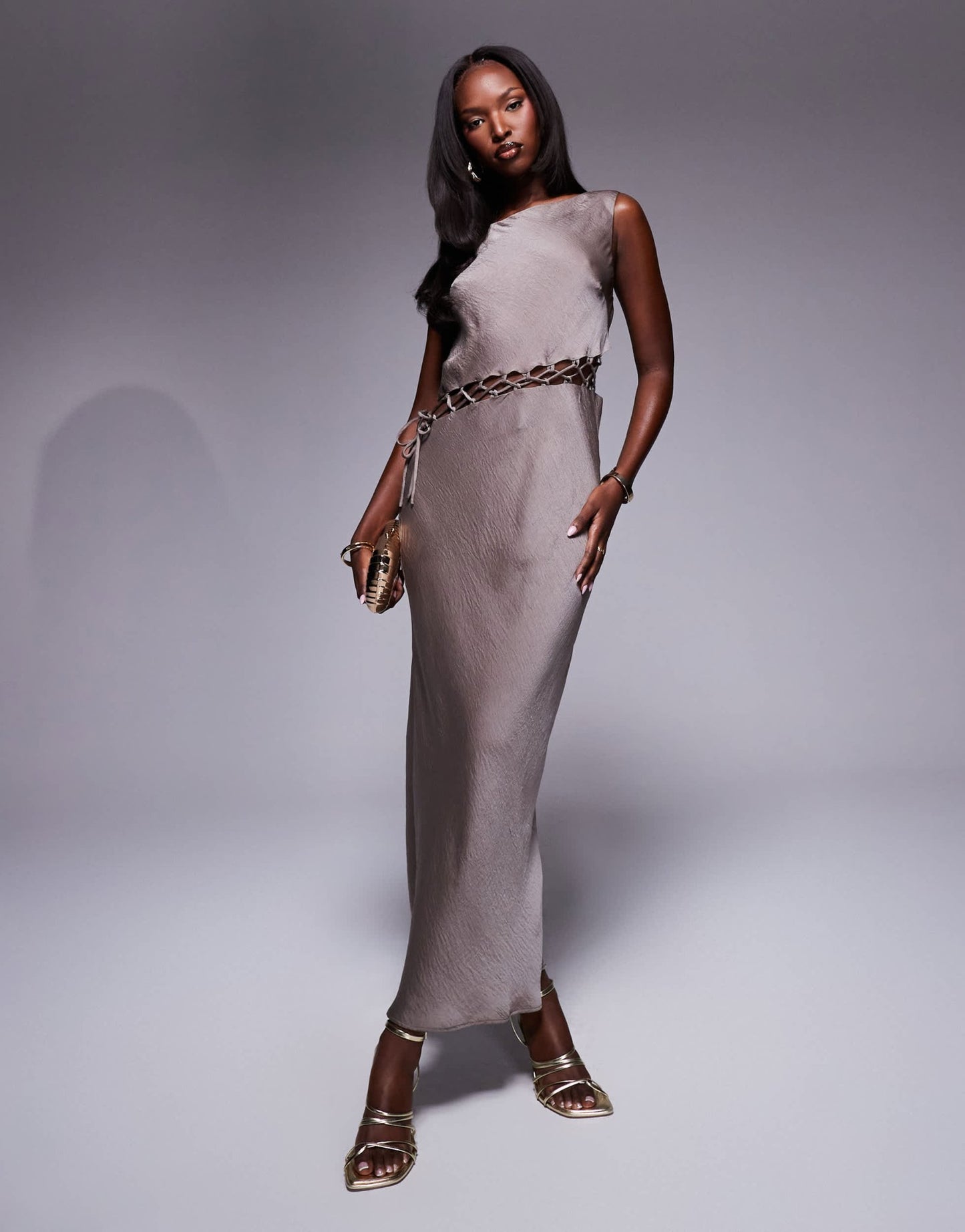 ASOS DESIGN satin midi dress with lattice waist in grey - ASOS Sample Sale