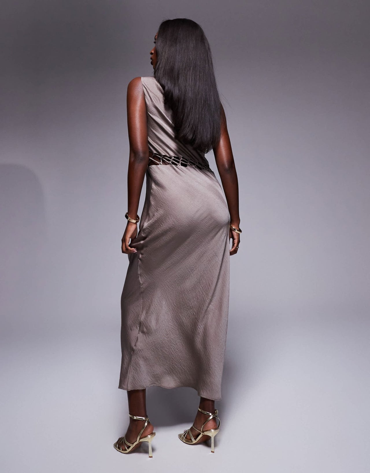 ASOS DESIGN satin midi dress with lattice waist in grey - ASOS Sample Sale