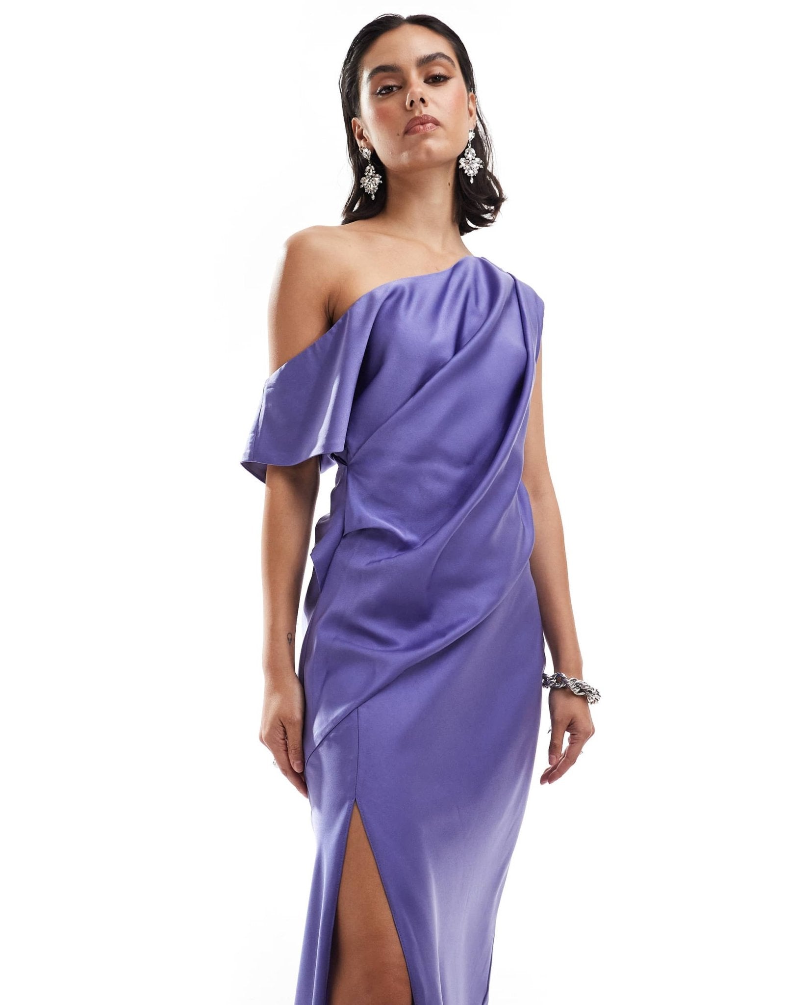 ASOS DESIGN satin off shoulder draped midi dress with split in blue - ASOS Sample Sale