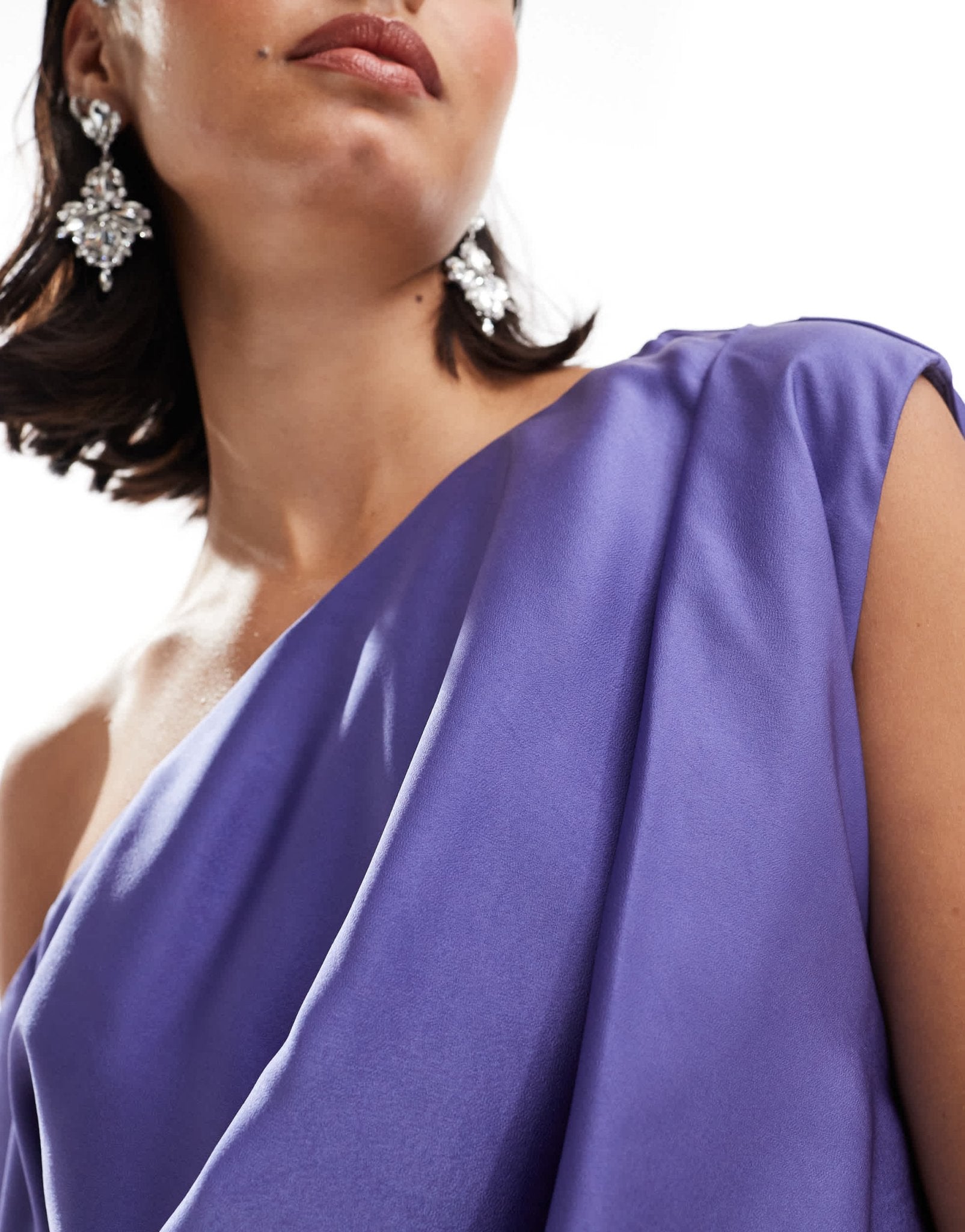 ASOS DESIGN satin off shoulder draped midi dress with split in blue - ASOS Sample Sale