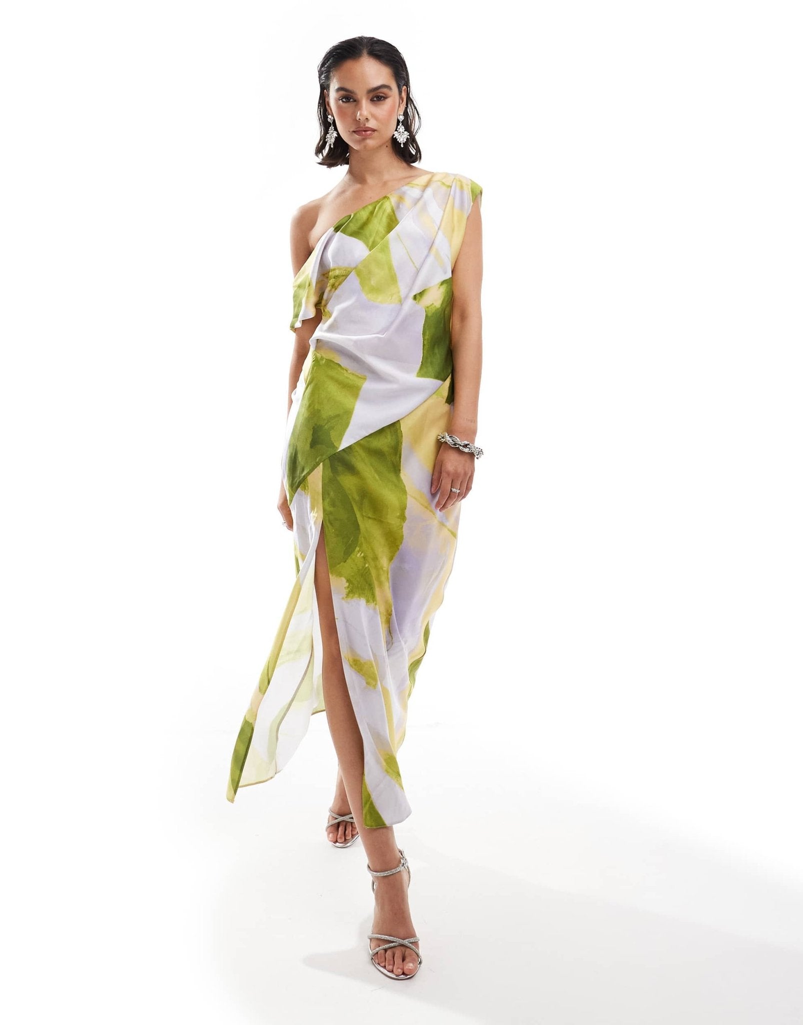 ASOS DESIGN satin off shoulder draped midi dress with split in lilac camo print - ASOS Sample Sale