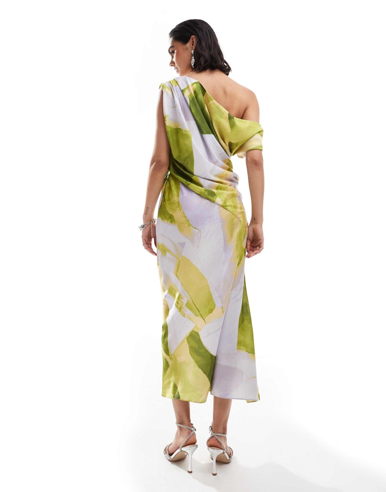 ASOS DESIGN satin off shoulder draped midi dress with split in lilac camo print - ASOS Sample Sale