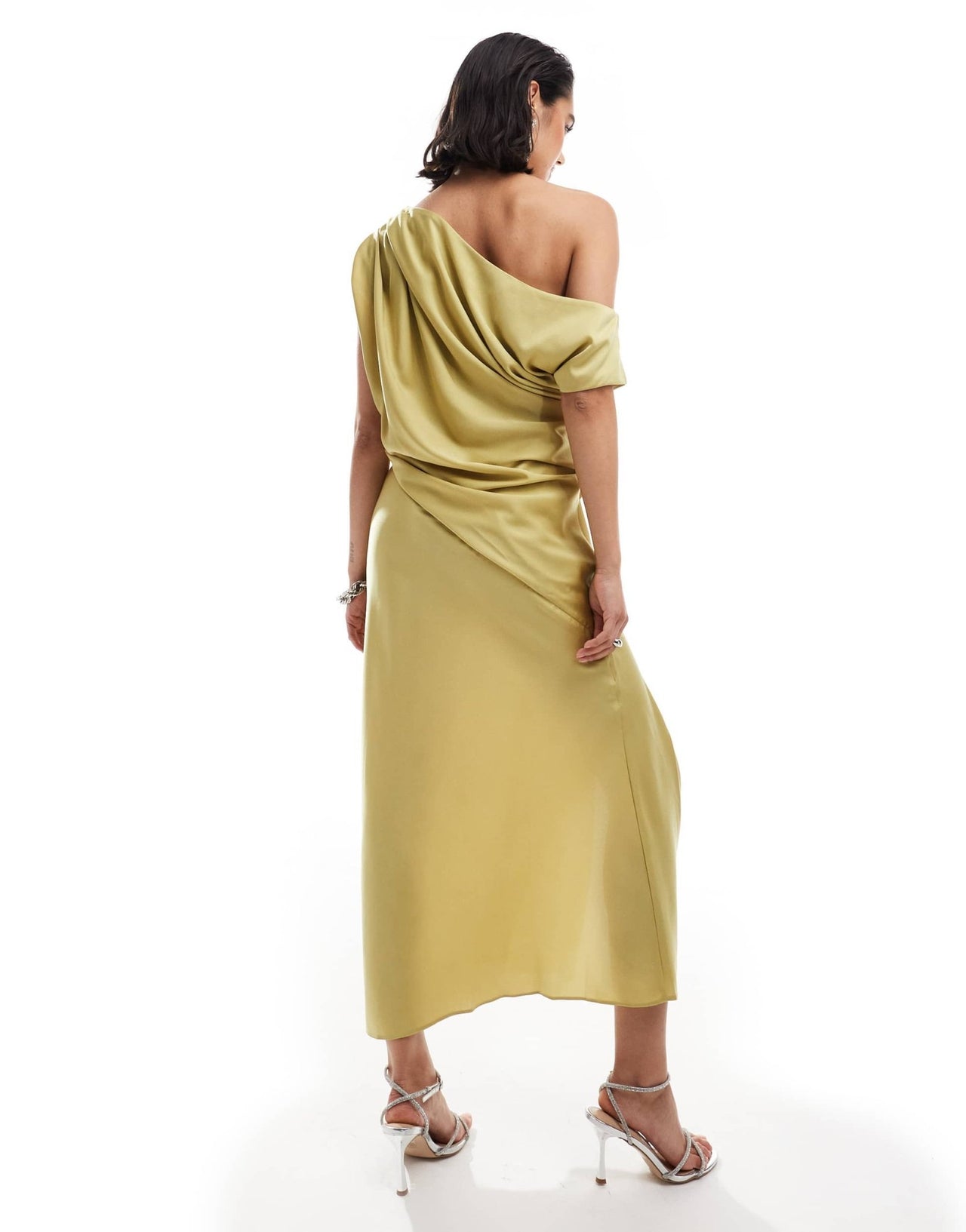 ASOS DESIGN satin off shoulder draped midi dress with split in lime - ASOS Sample Sale
