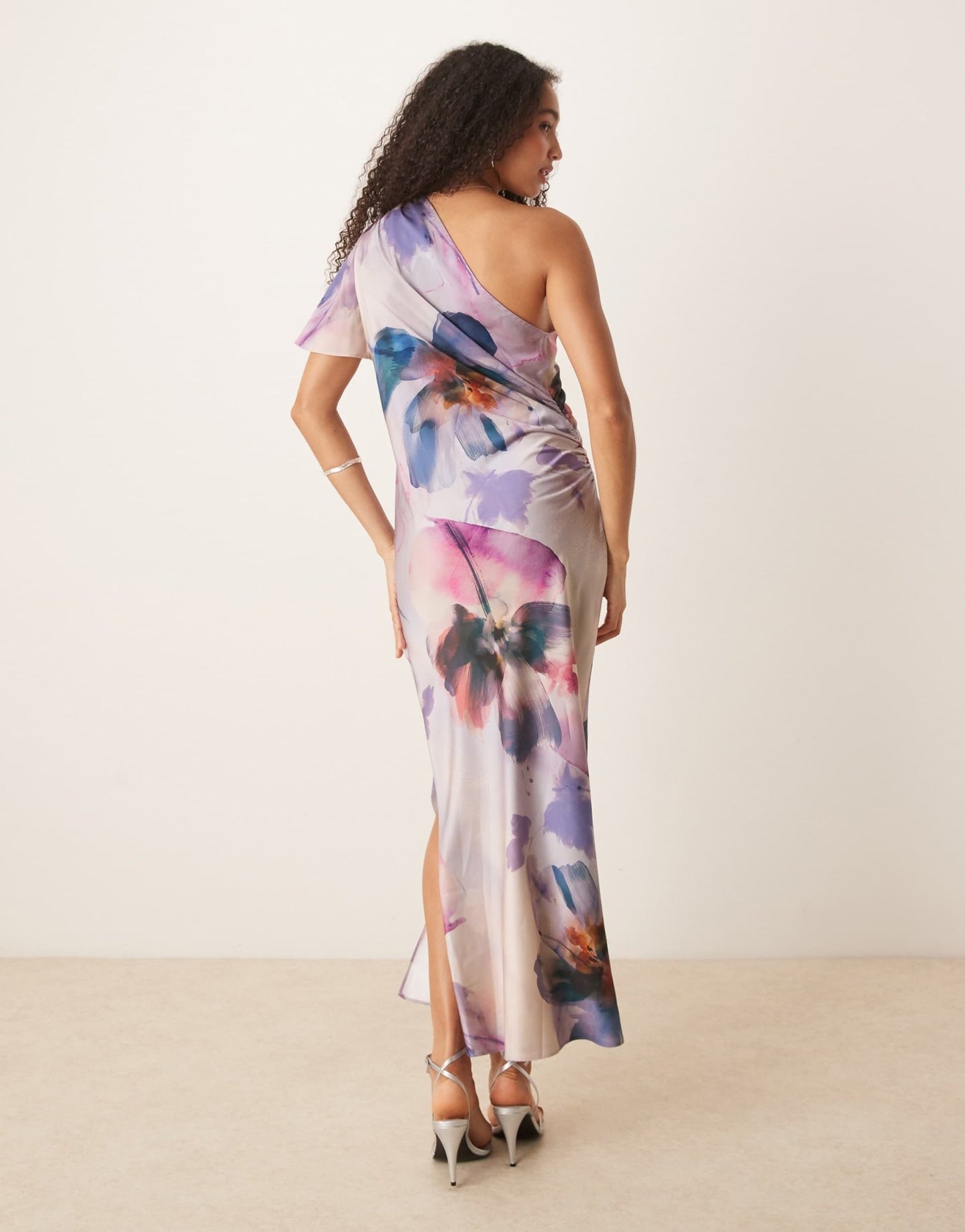 ASOS DESIGN satin one shoulder flutter sleeve midi dress in painted floral - ASOS Sample Sale