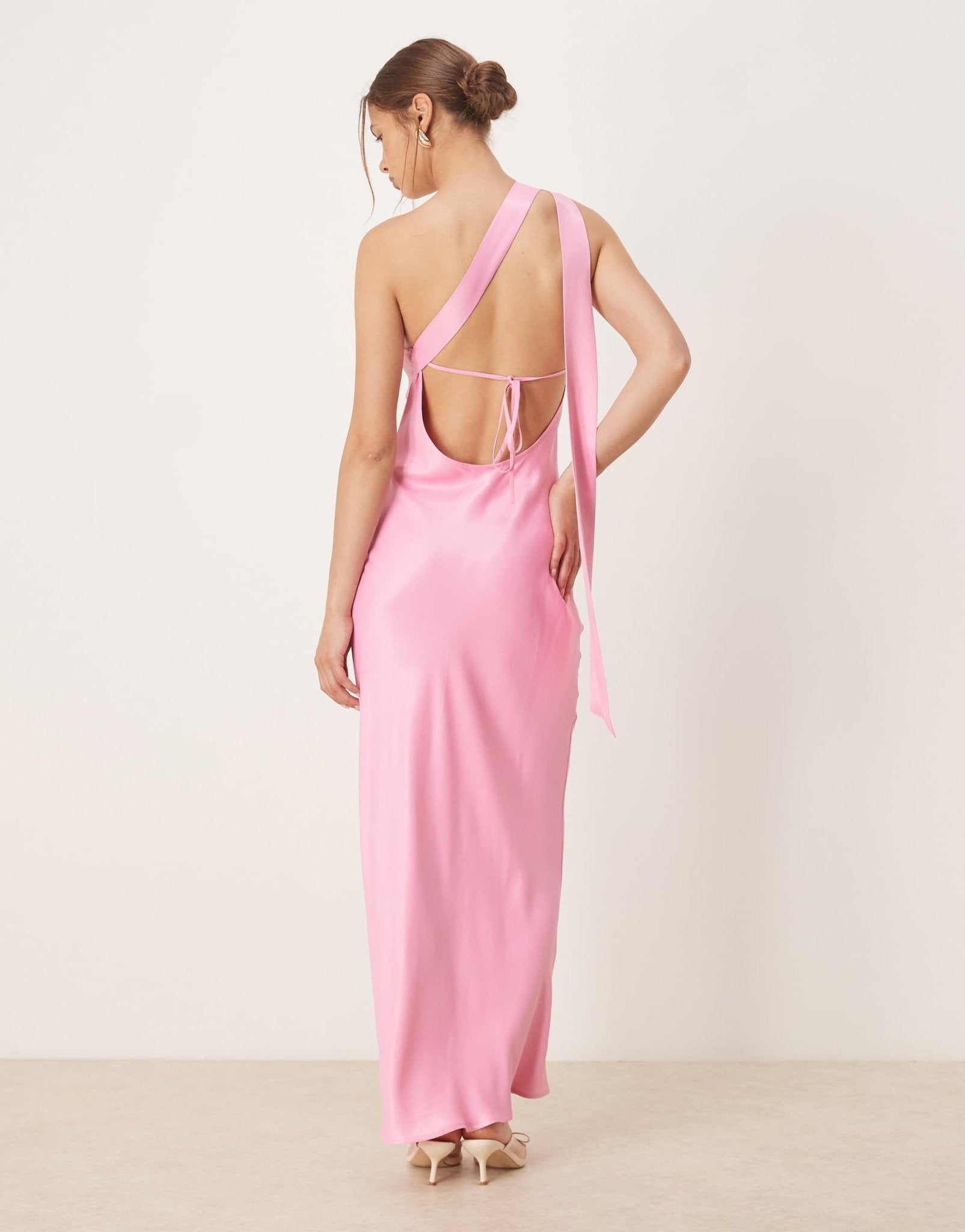 ASOS DESIGN satin one shoulder maxi dress in pink