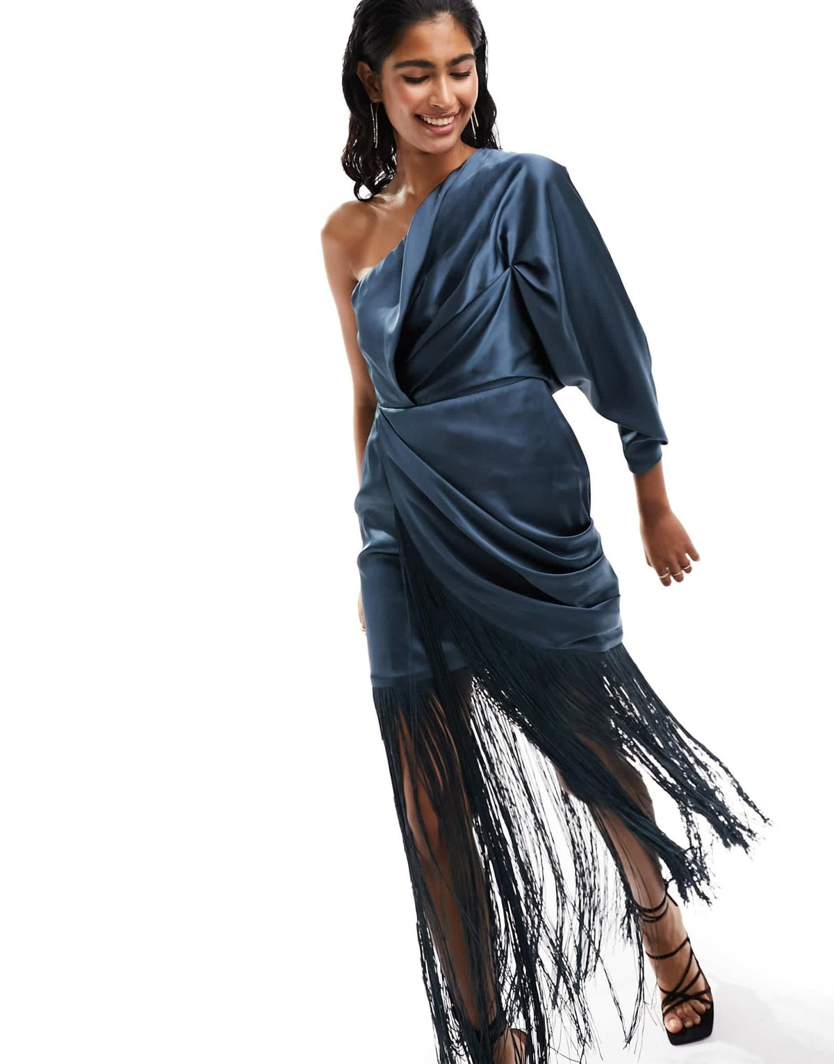 ASOS DESIGN satin one sleeve ruched maxi dress with fringe detail in blue - ASOS Sample Sale