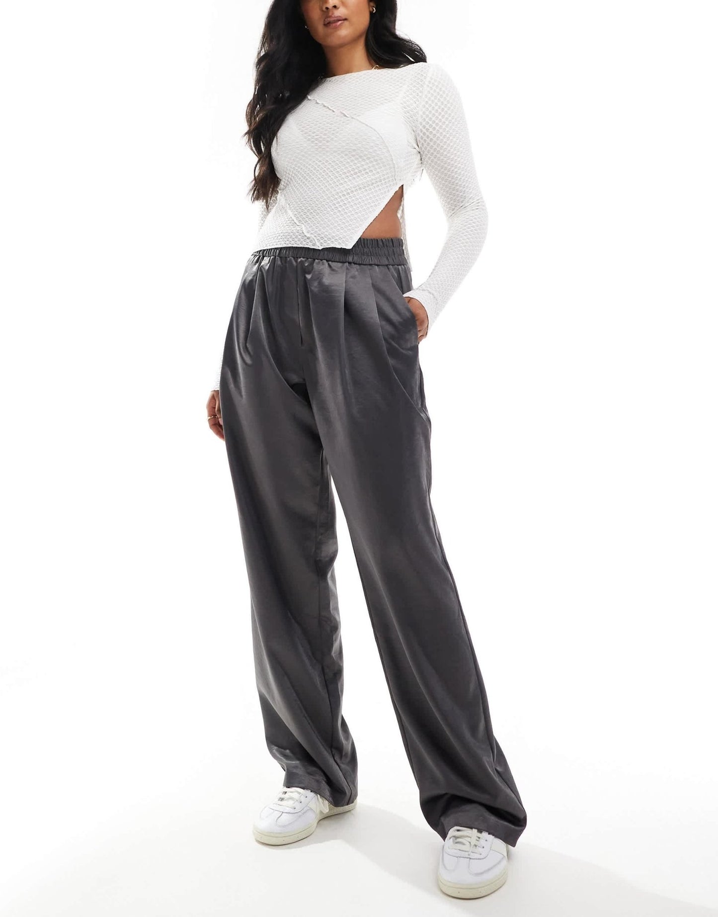 ASOS DESIGN satin pull on relaxed trouser in grey shimmer - ASOS Sample Sale