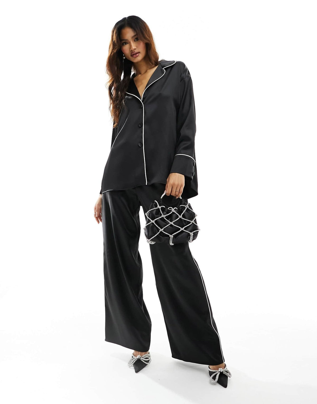 ASOS DESIGN satin pyjama shirt co-ord with piping detail in black - ASOS Sample Sale