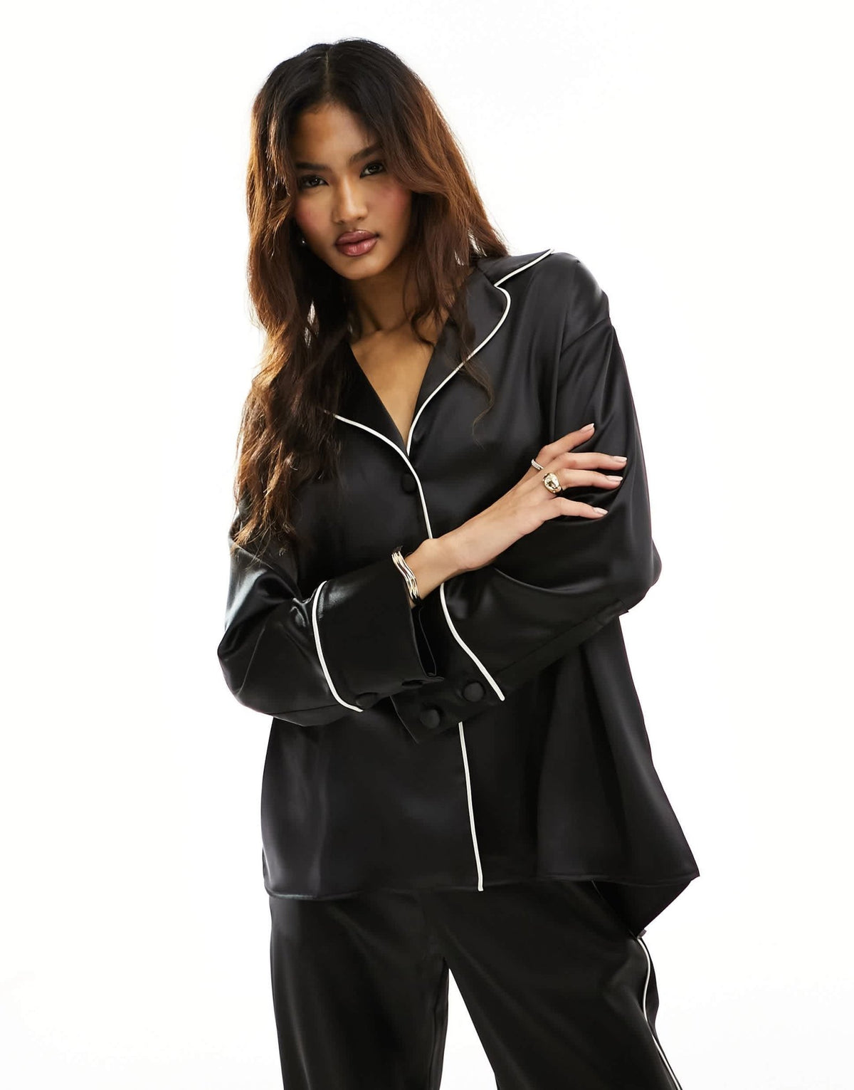 ASOS DESIGN satin pyjama shirt co-ord with piping detail in black - ASOS Sample Sale