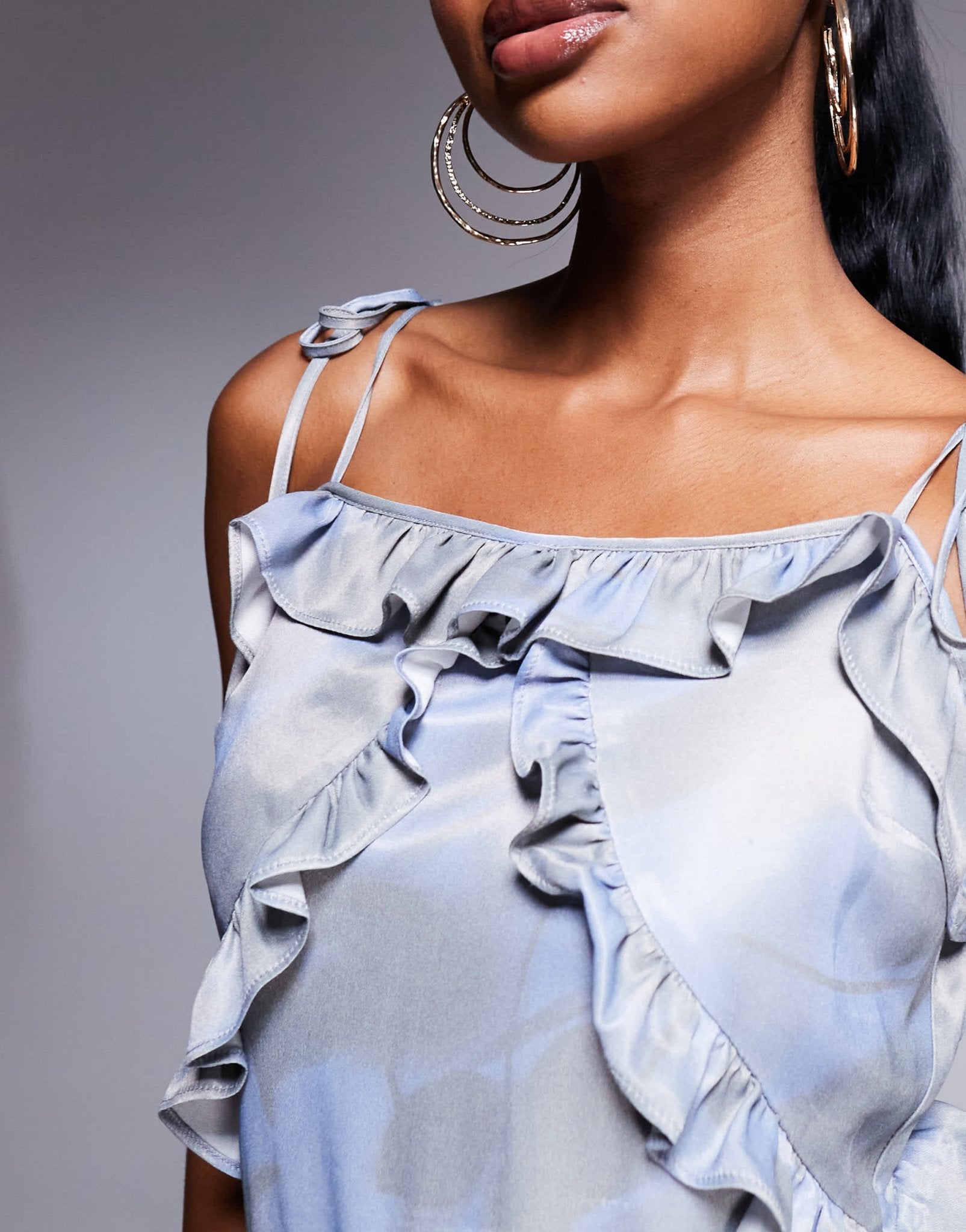 ASOS DESIGN satin ruffle detail maxi slip dress in blue floral - ASOS Sample Sale