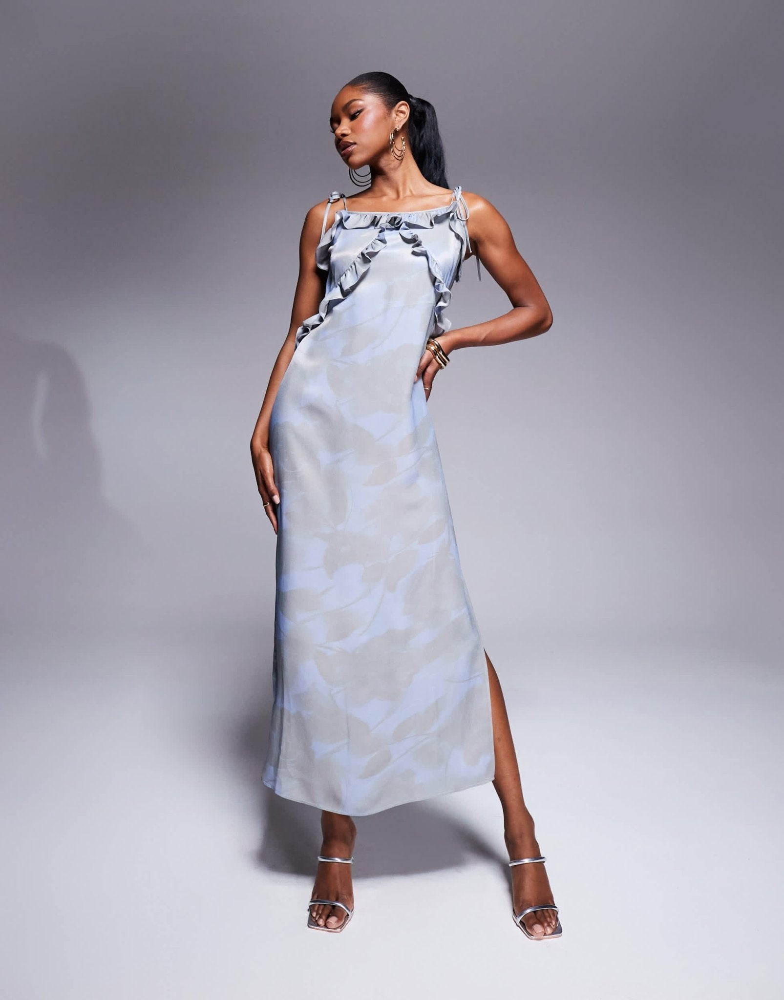 ASOS DESIGN satin ruffle detail maxi slip dress in blue floral - ASOS Sample Sale