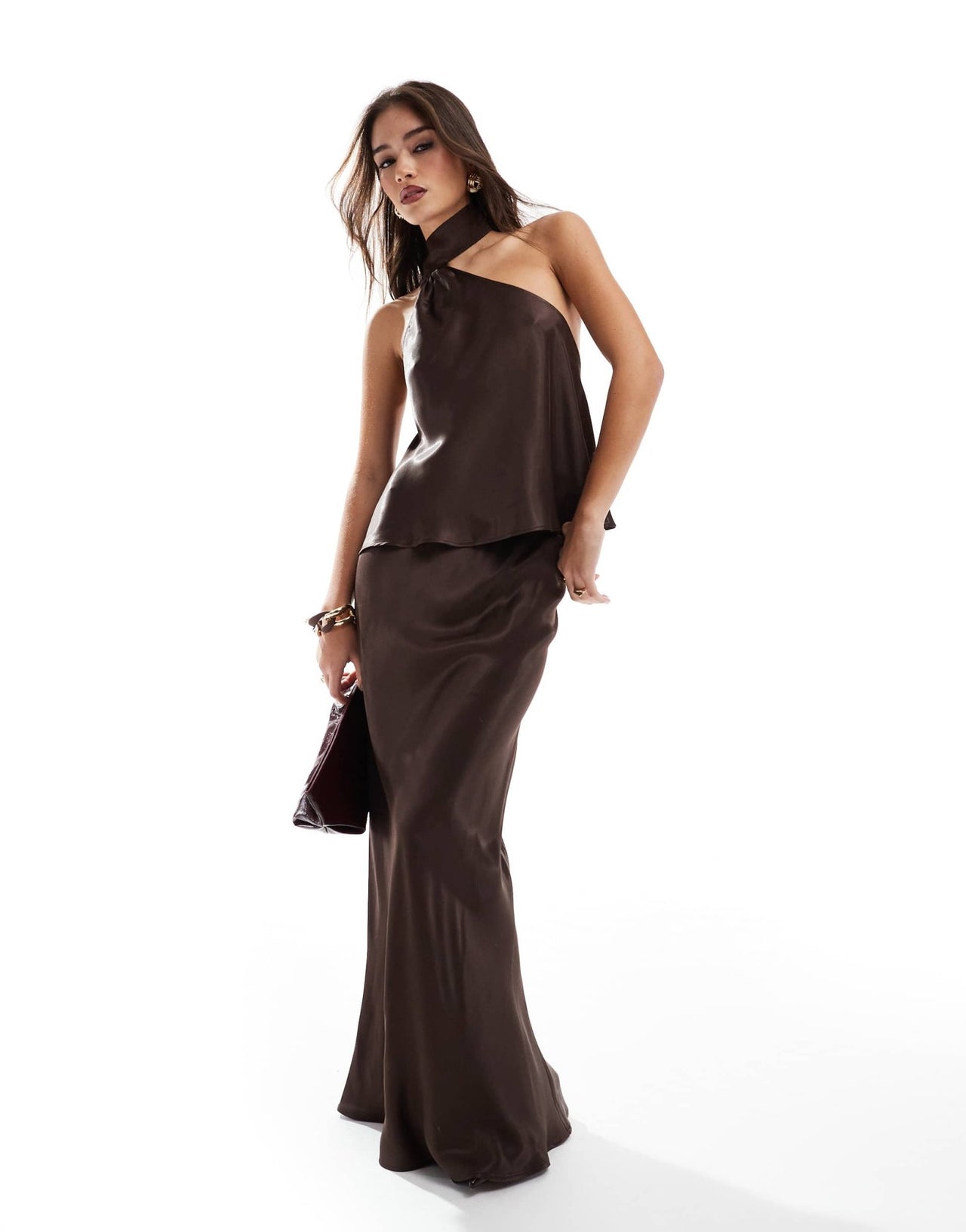 ASOS DESIGN satin scarf neck top co ord in chocolate - ASOS Sample Sale
