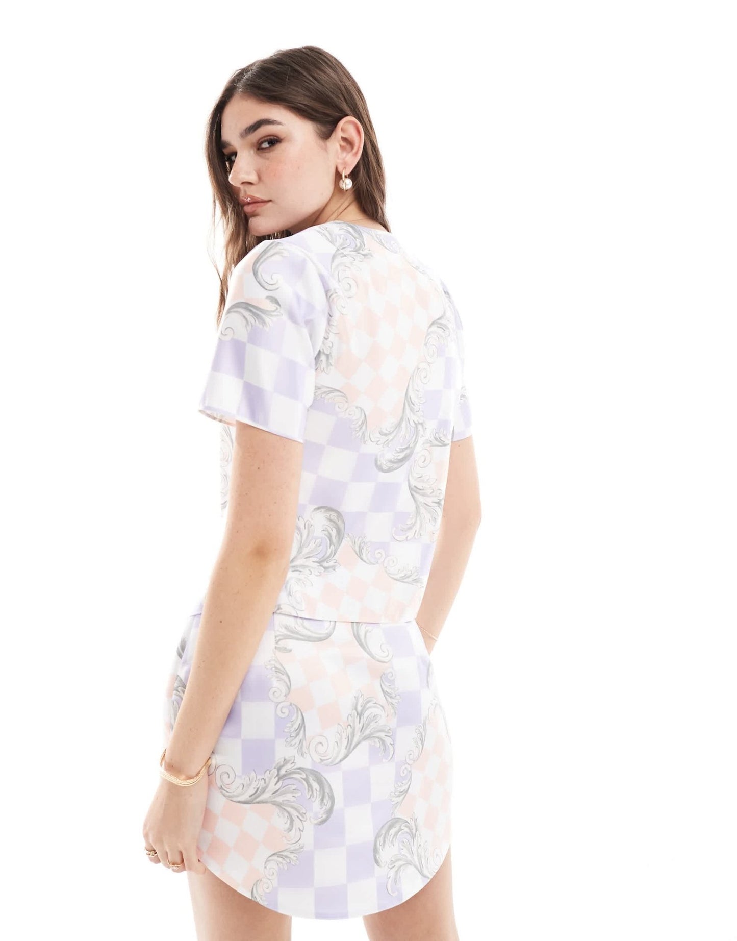 ASOS DESIGN satin shirt co - ord in purple grid print - ASOS Sample Sale
