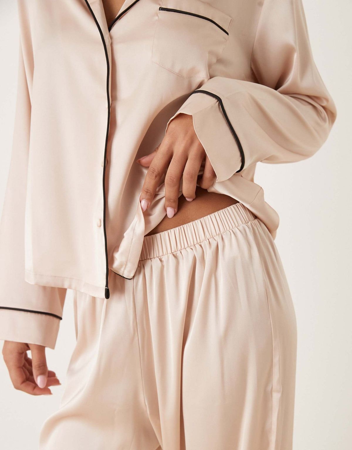 ASOS DESIGN satin shirt & trouser pyjama set in champagne pink - ASOS Sample Sale