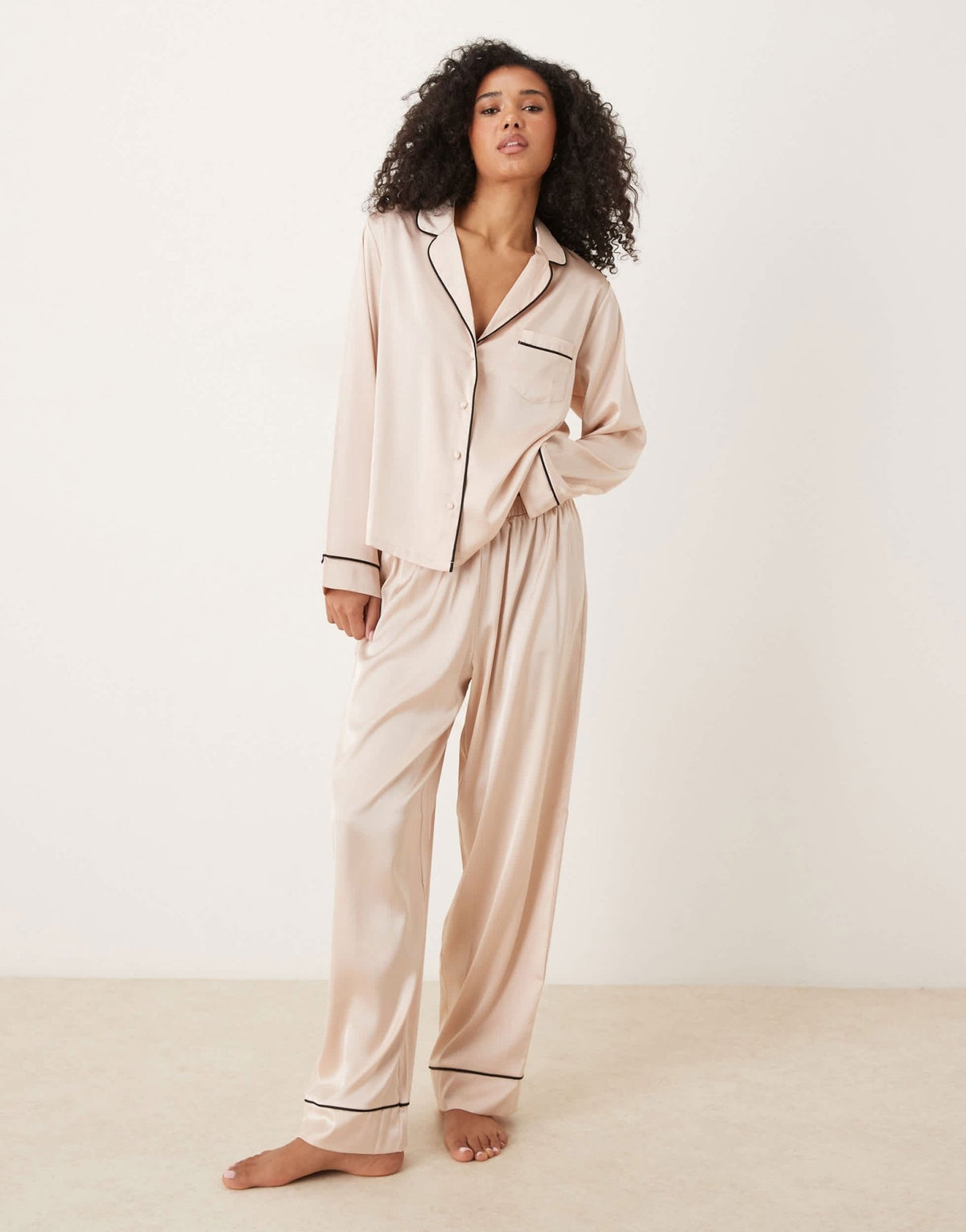 ASOS DESIGN satin shirt & trouser pyjama set in champagne pink - ASOS Sample Sale