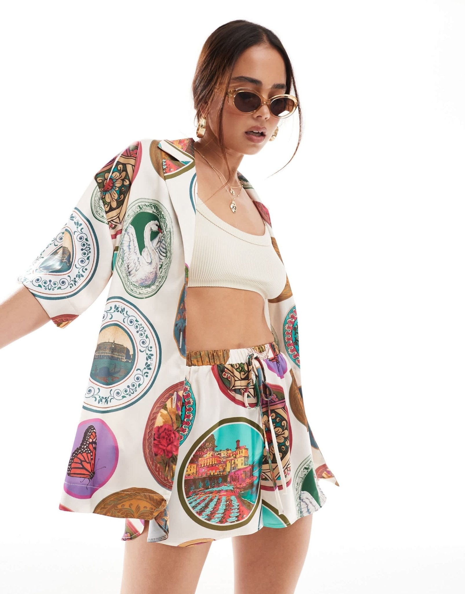 ASOS DESIGN satin short co - ord in plate print - ASOS Sample Sale