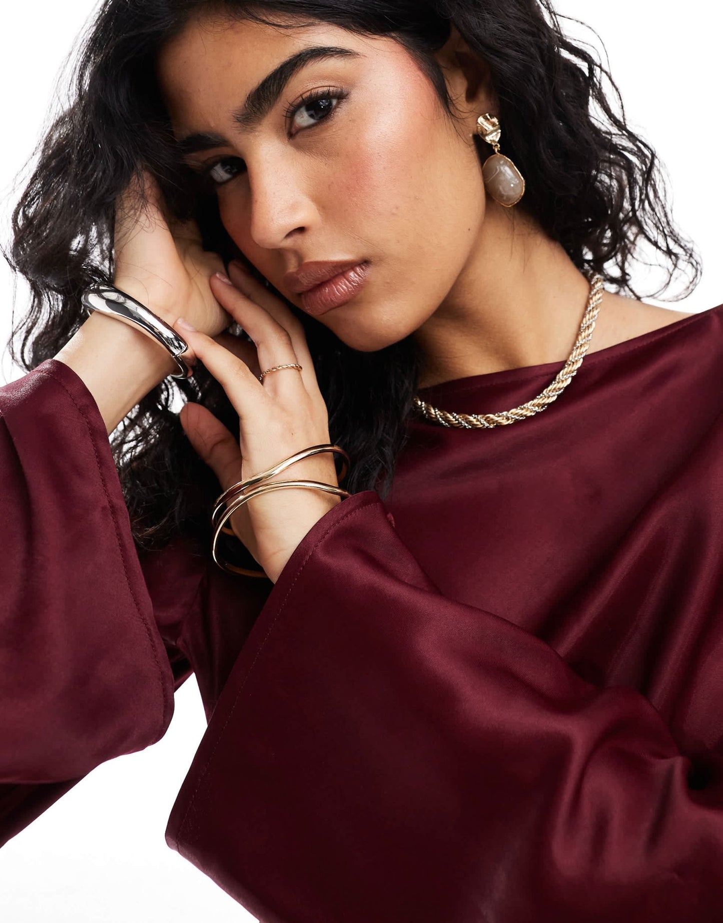 ASOS DESIGN satin slash neck crop blouse co ord in burgundy - ASOS Sample Sale