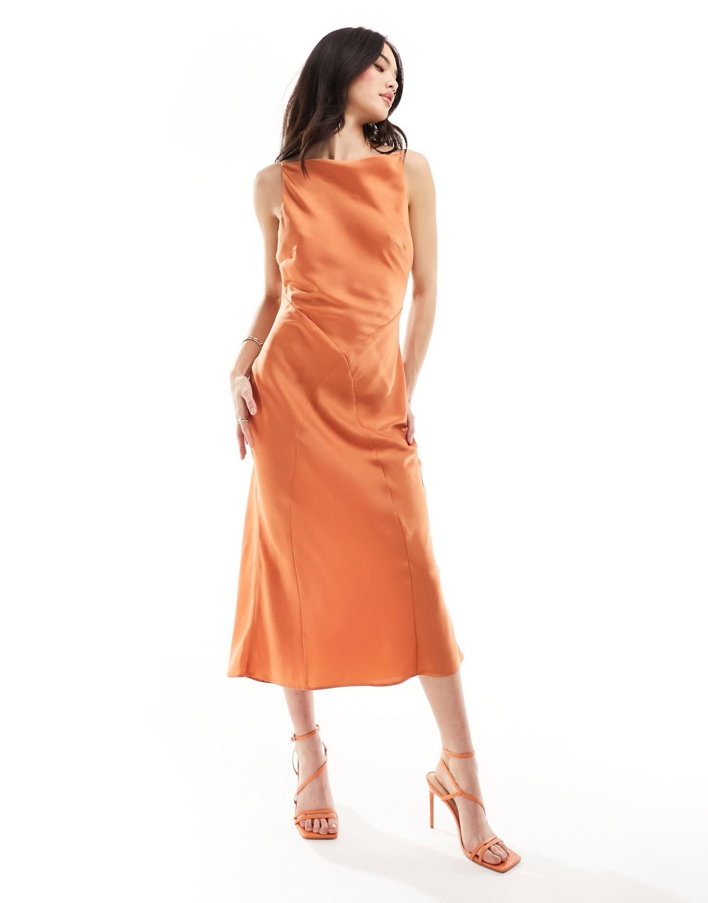 ASOS DESIGN satin square neck midi dress with cowl back detail in rust - ASOS Sample Sale