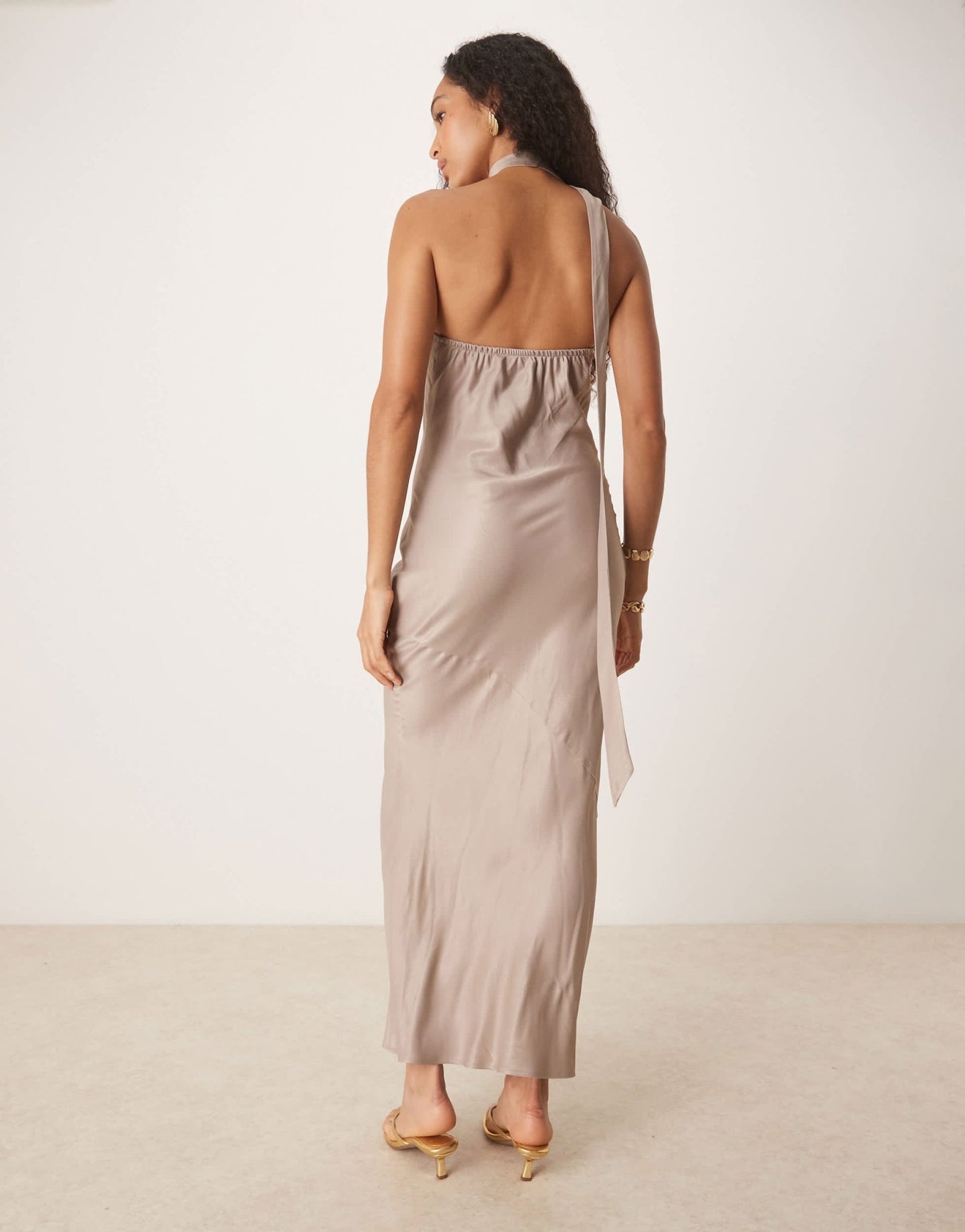 ASOS DESIGN satin tie neck detail maxi slip dress in mushroom - ASOS Sample Sale