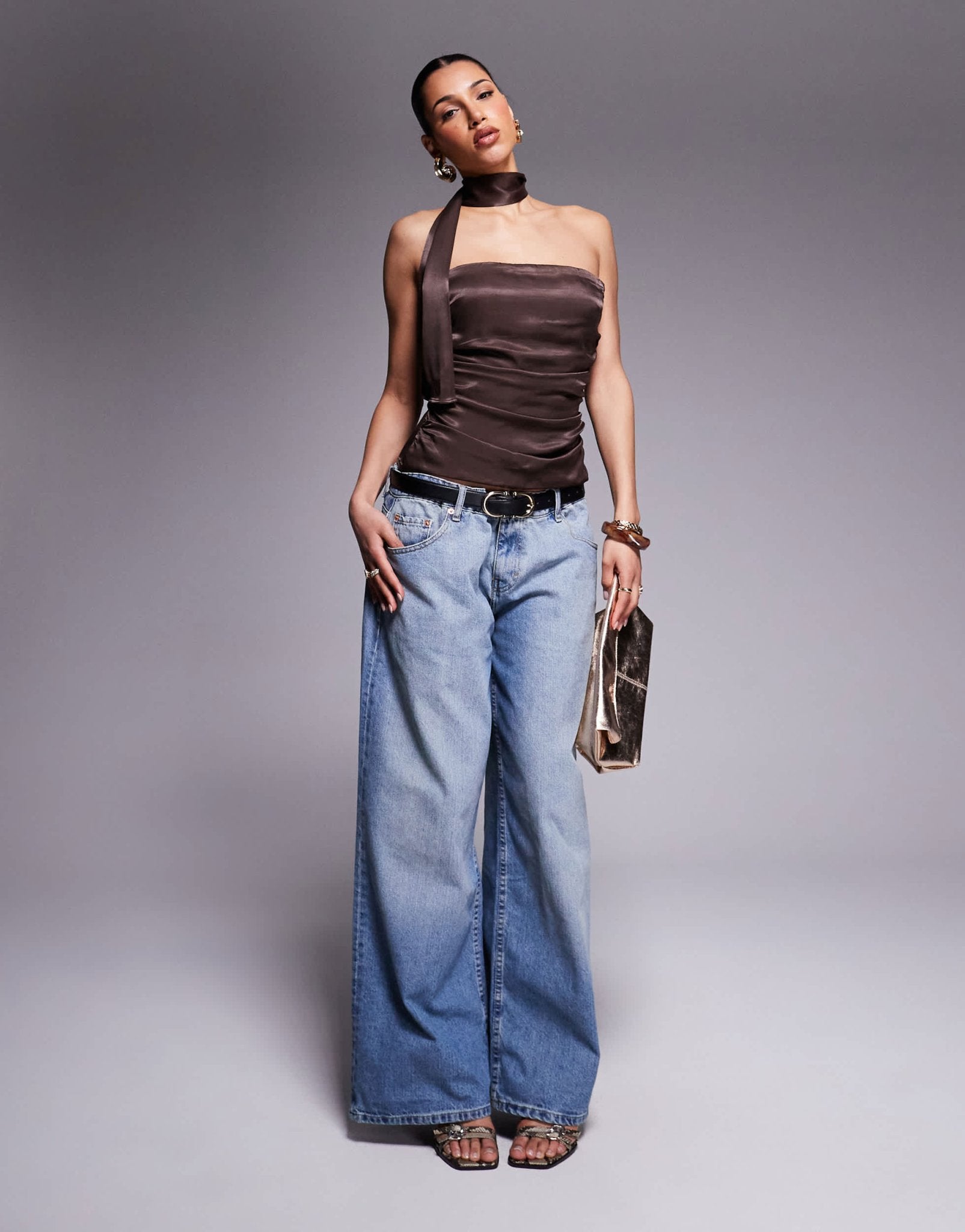 ASOS DESIGN satin top with neck tie detail in brown - ASOS Sample Sale