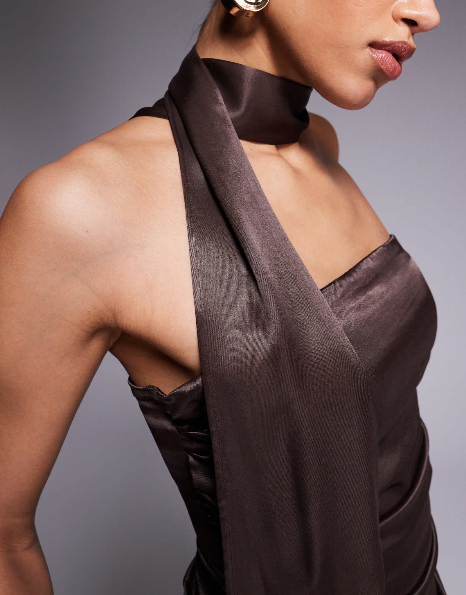 ASOS DESIGN satin top with neck tie detail in brown - ASOS Sample Sale
