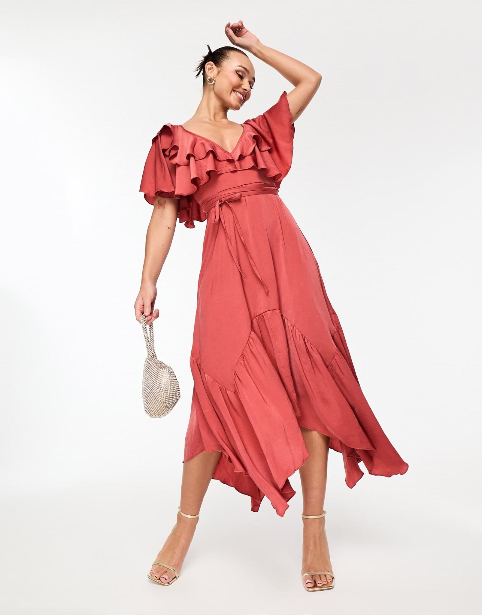 ASOS DESIGN satin v front v back ruffle midi dress in washed satin in rose - ASOS Sample Sale