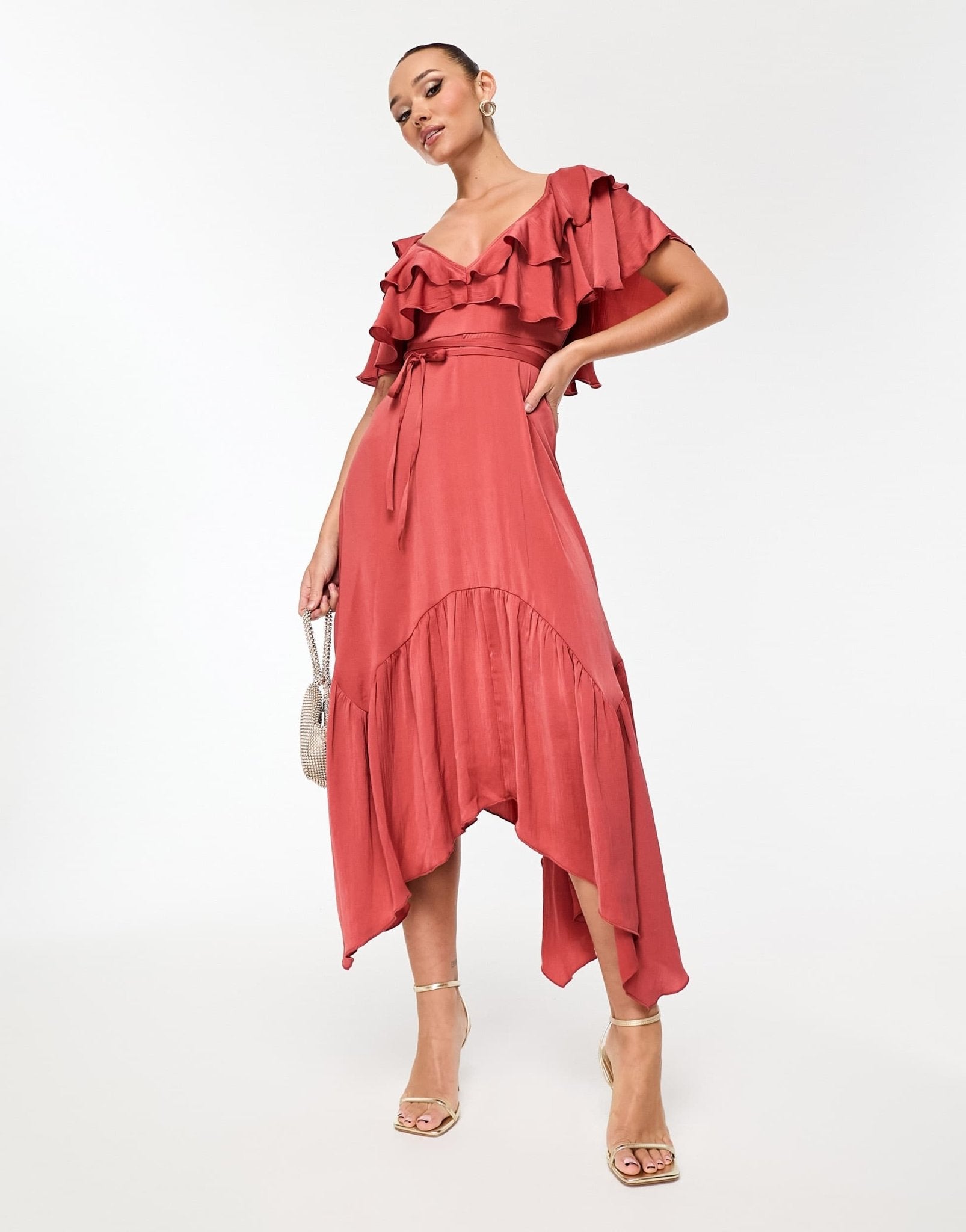 ASOS DESIGN satin v front v back ruffle midi dress in washed satin in rose - ASOS Sample Sale