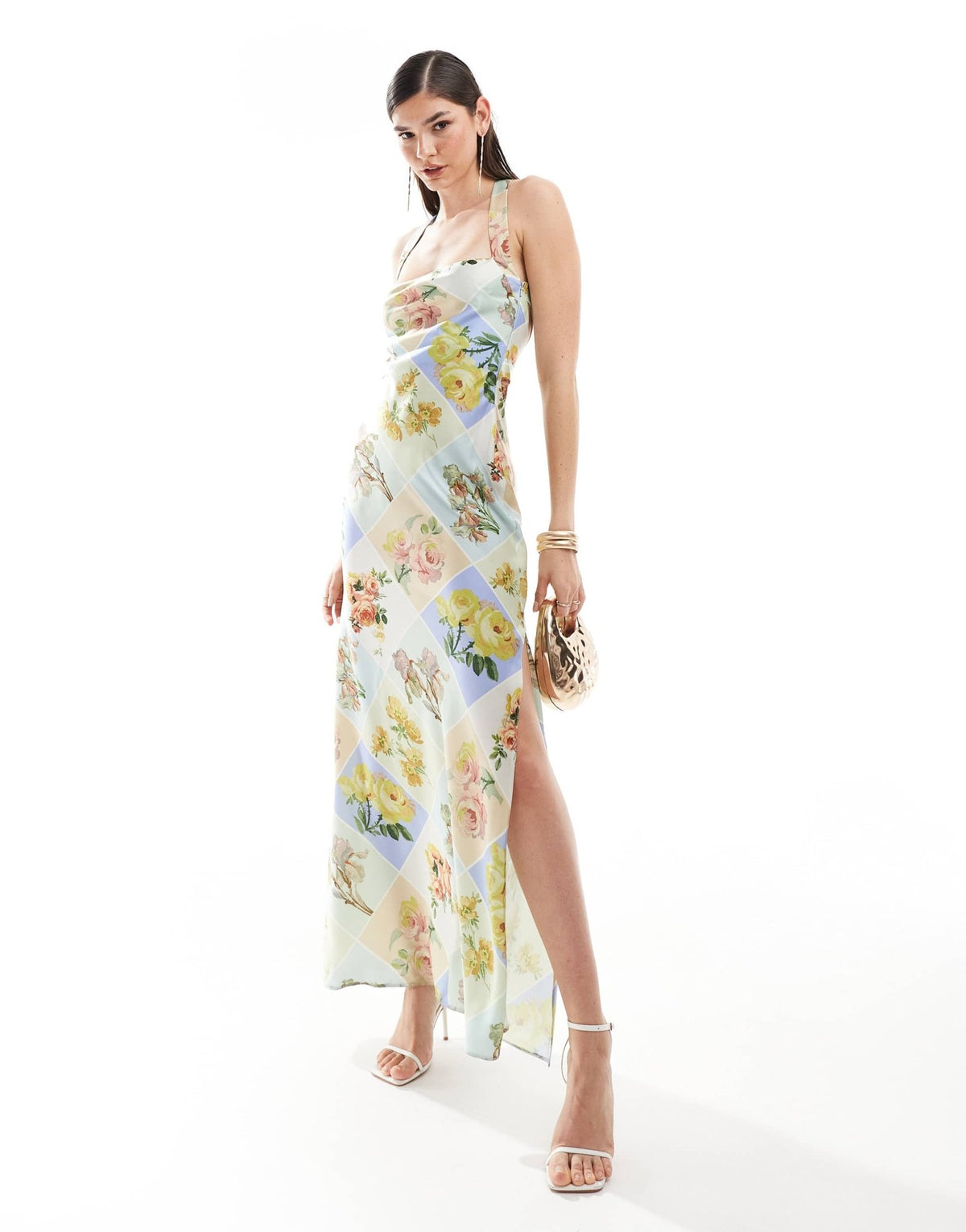 ASOS DESIGN satin wide neck cross back strap maxi dress in postcard print - ASOS Sample Sale