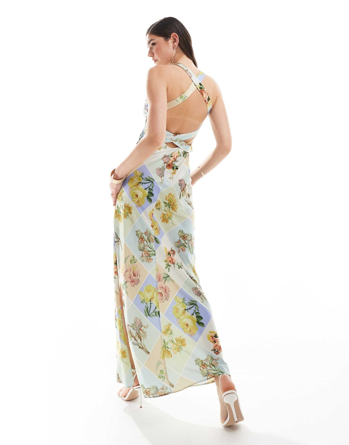 ASOS DESIGN satin wide neck cross back strap maxi dress in postcard print - ASOS Sample Sale