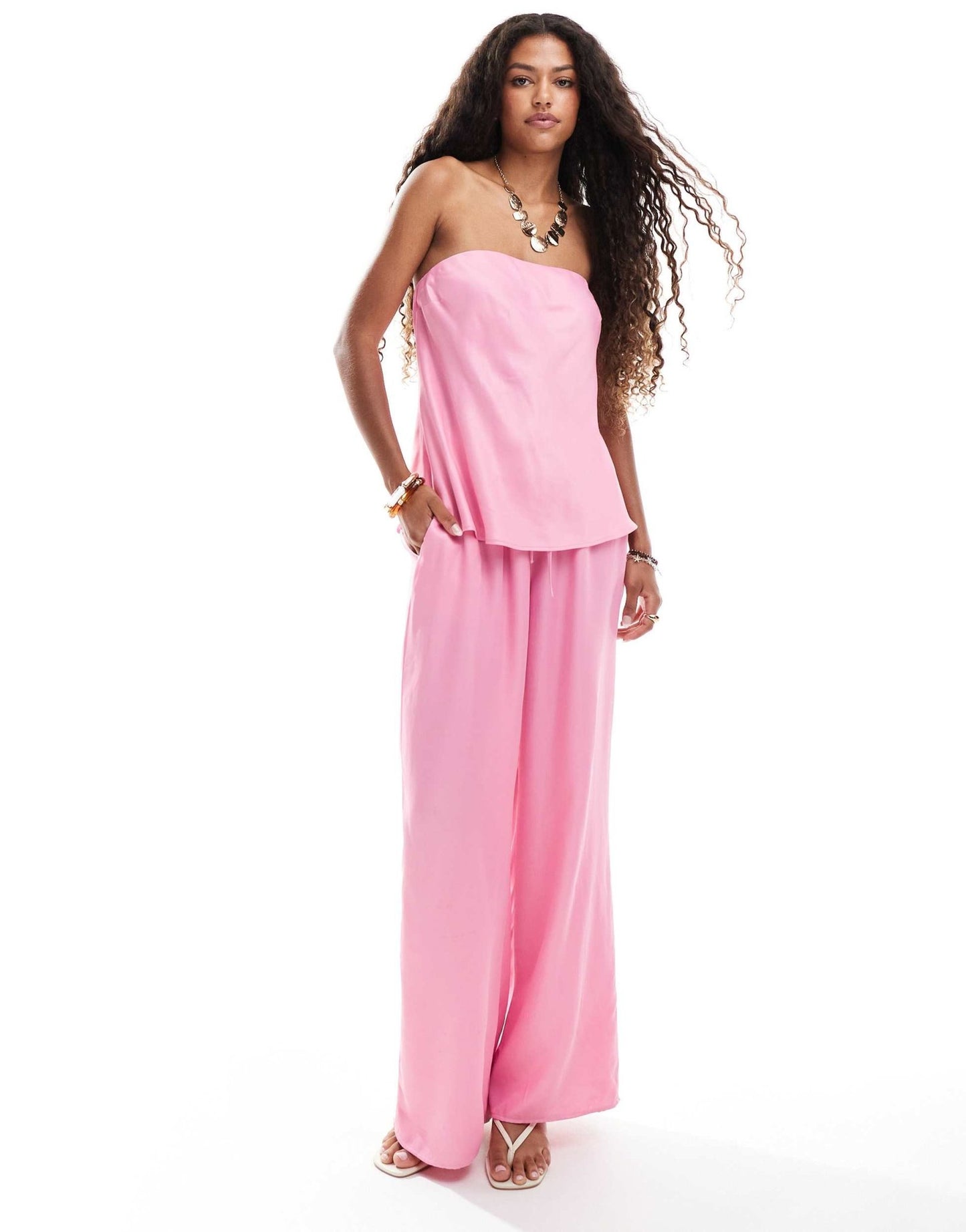 ASOS DESIGN satin wide pull on trouser in pink co ord - ASOS Sample Sale