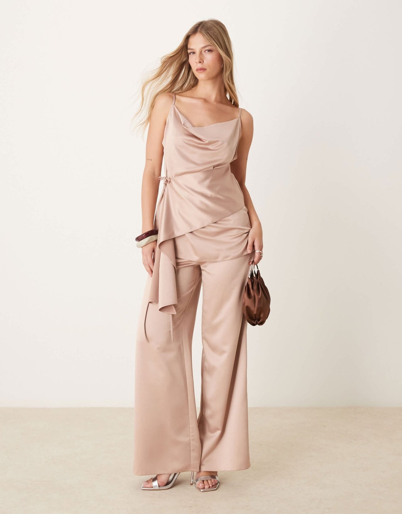 ASOS DESIGN satin wrap over top co - ord in light pink - ASOS Sample Sale