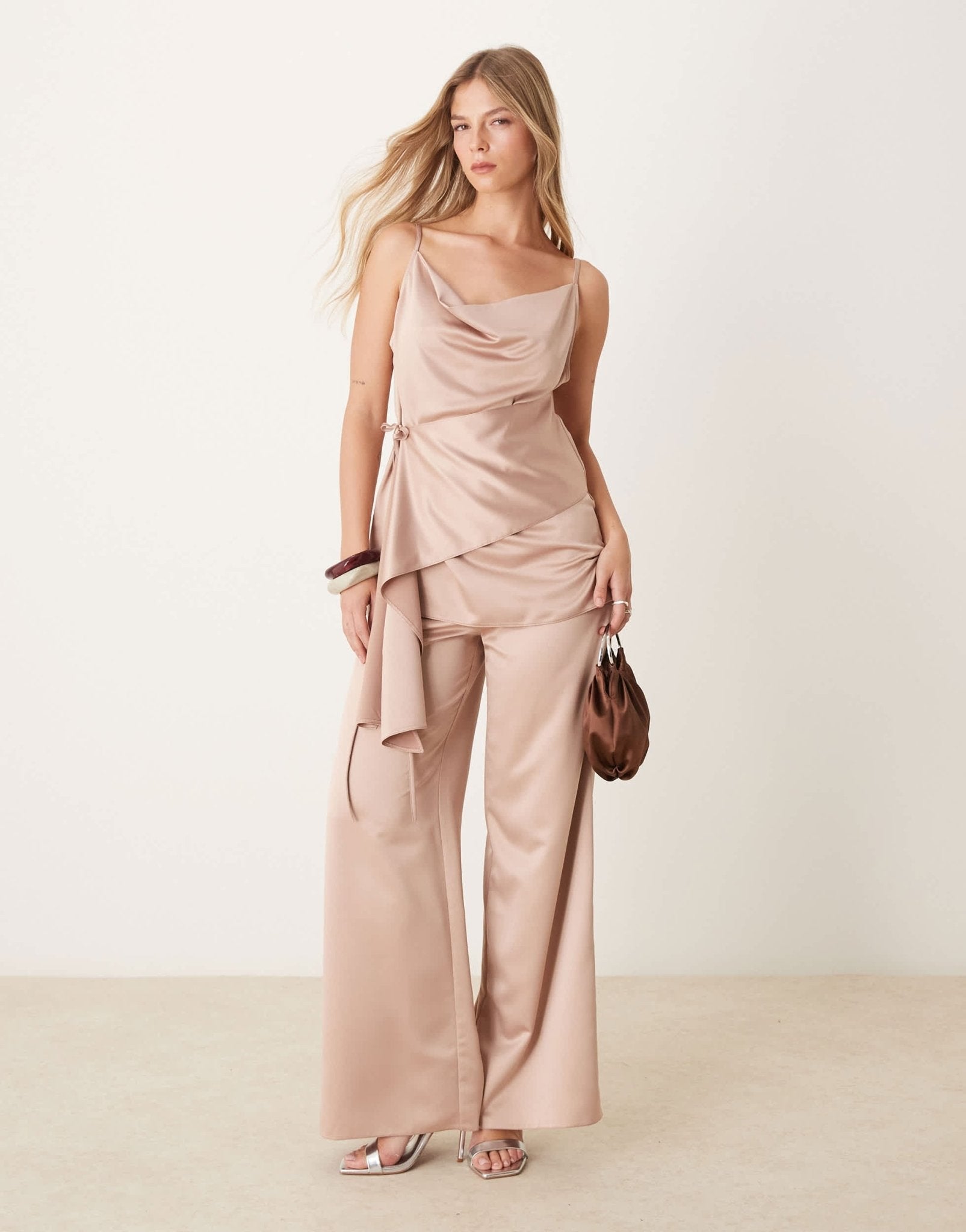 ASOS DESIGN satin wrap over top co - ord in light pink - ASOS Sample Sale