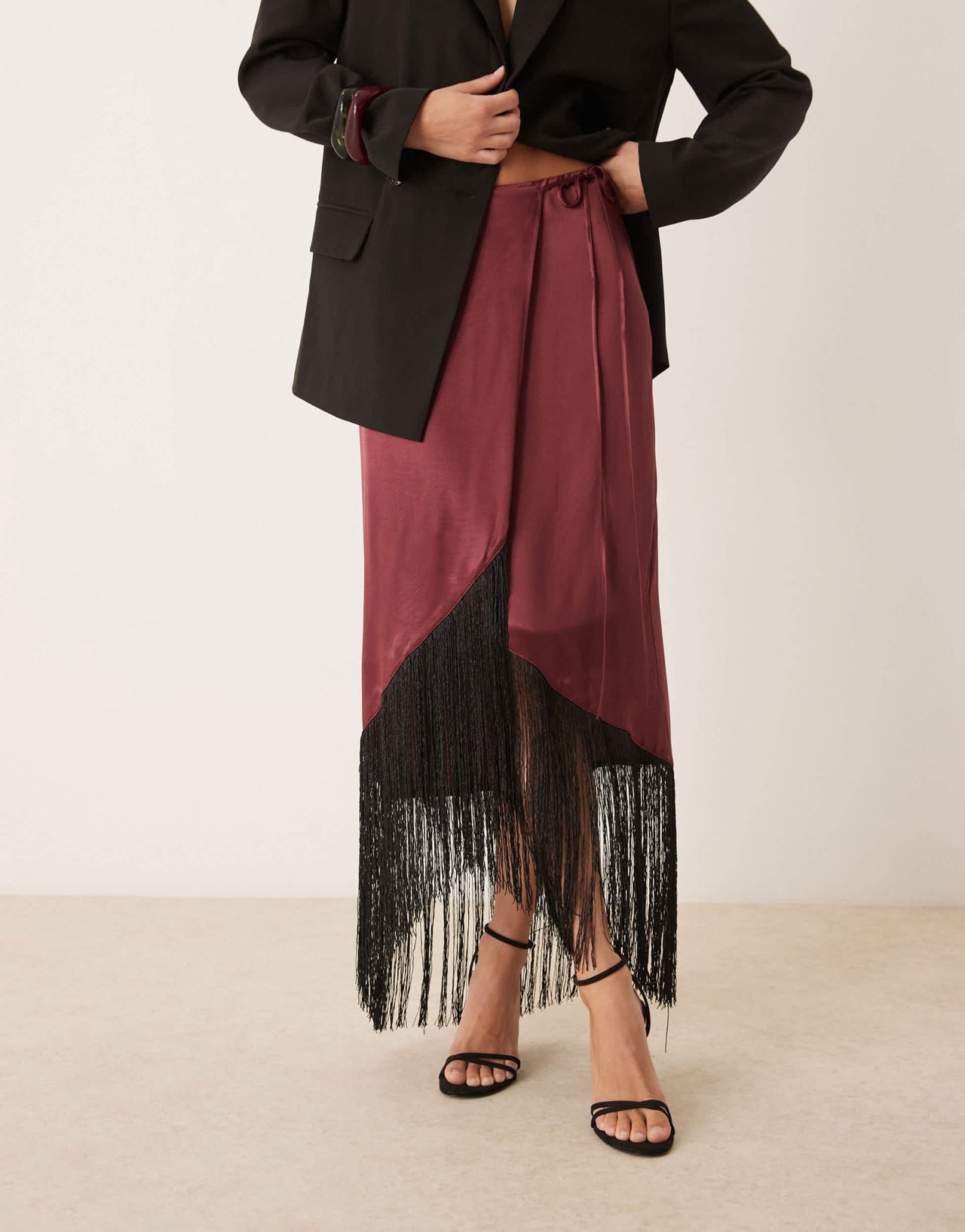ASOS DESIGN satin wrap skirt with fringe hem in burgundy - ASOS Sample Sale